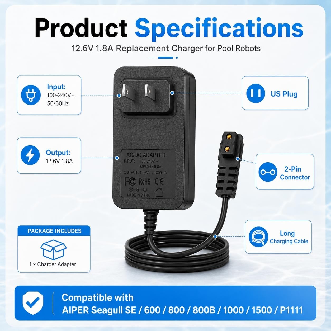 12.6V 1.8A Pool Cleaner Charger for Cordless Robotic Cleaners – Compatible Model