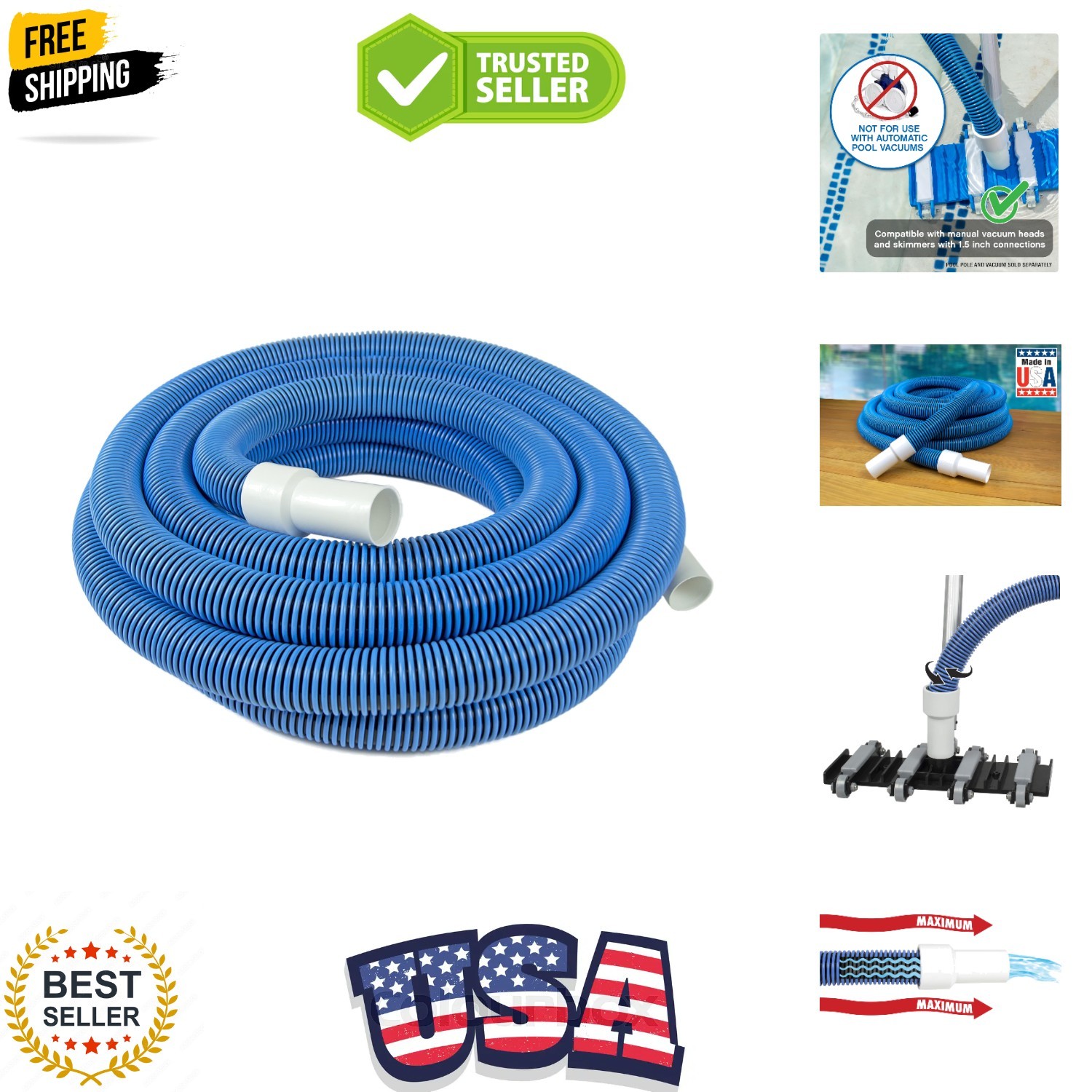 Manual Pool Vacuum Hose, 40 Ft x 1-1/2” for Inground & Above Ground Pools, No…