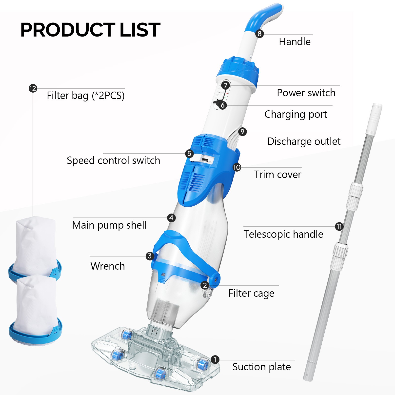 Rechargeable Above Ground Pool Vacuum with 18.5 GPM Suction & 1.5H Fast Charging
