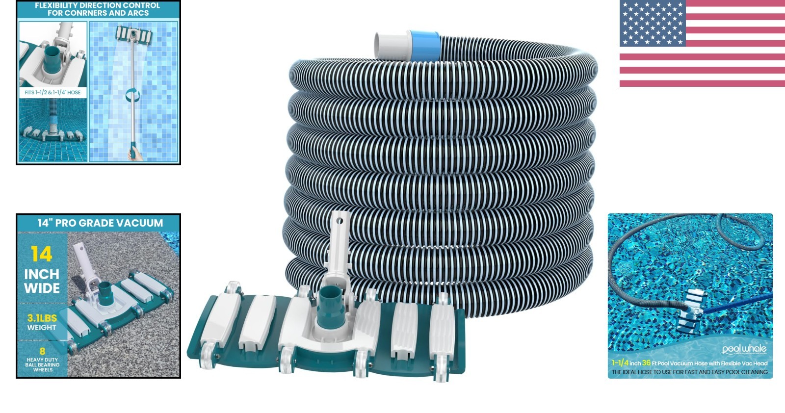 Flexible 36ft Pool Vacuum Hose and Weighted Handle for Above & Inground Pools