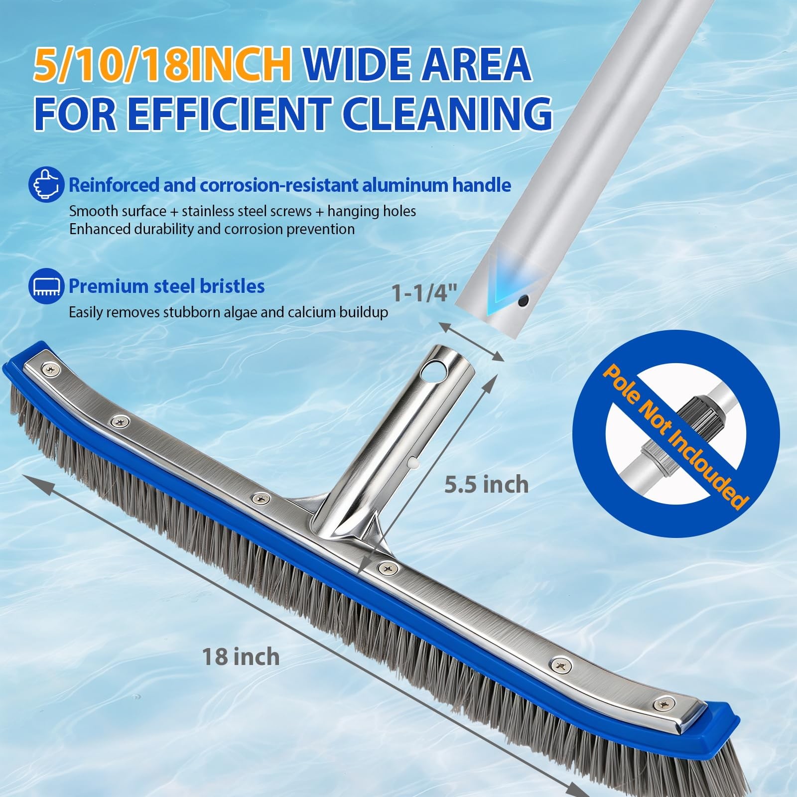 18&Prime; Wide Pool Brush Head – Combo Nylon & Stainless Steel Wire Bristles, Heavy…