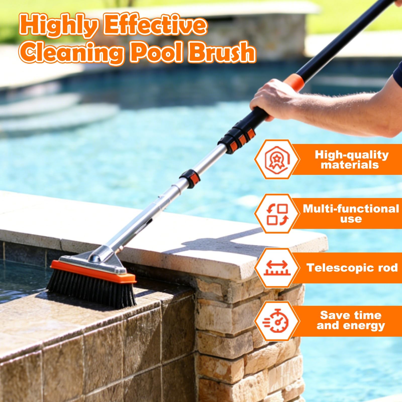 4-in-1 Heavy Duty Pool Brush with 12FT Pole for Inground & Above Ground Pools