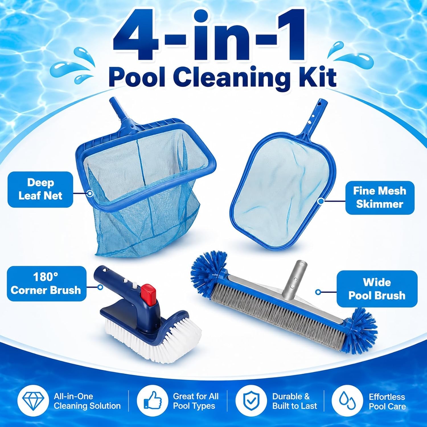 Ahomdoo Pool Cleaning Kit: Skimmer, Rake, Brush – 4-Piece Set