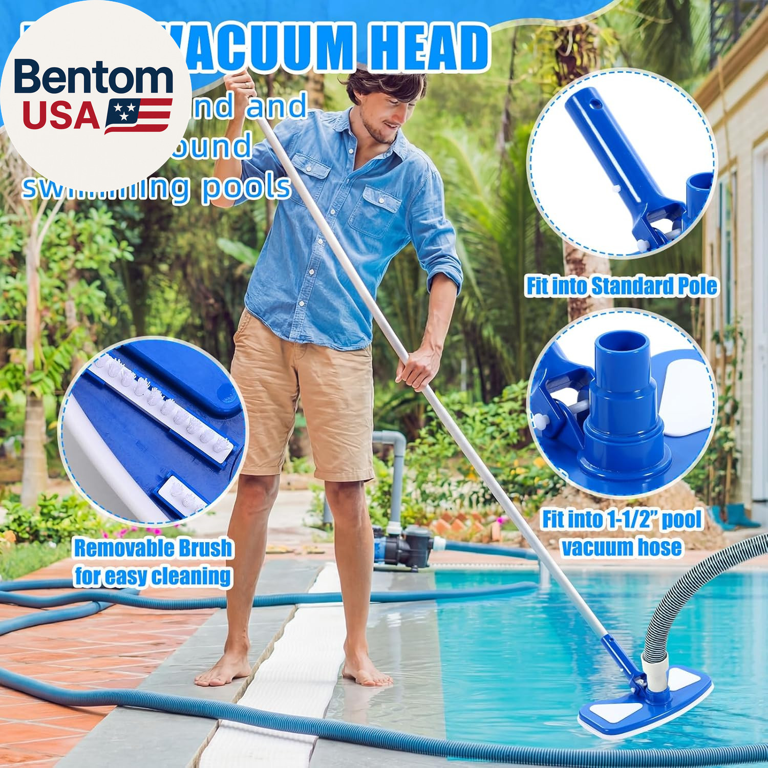 4 Pcs Swimming Pool Vacuum Kits 11.8&Prime; Vacuum Head with 1-1/2&Prime; X 29.5 Ft Hoses, 1