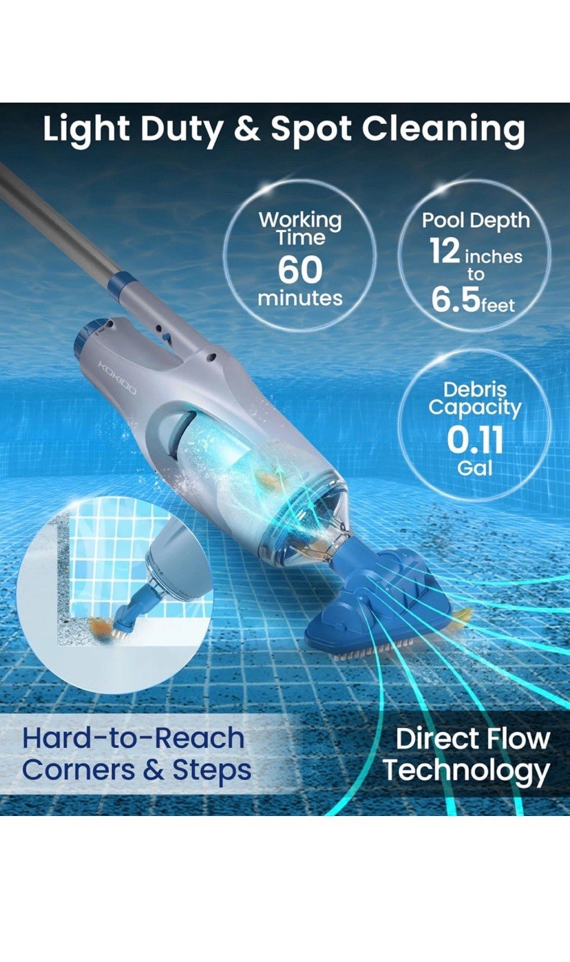 KOKIDO upgrade Rechargeable Handheld Pool Vacuum Aluminum Pole and 2 Brushes