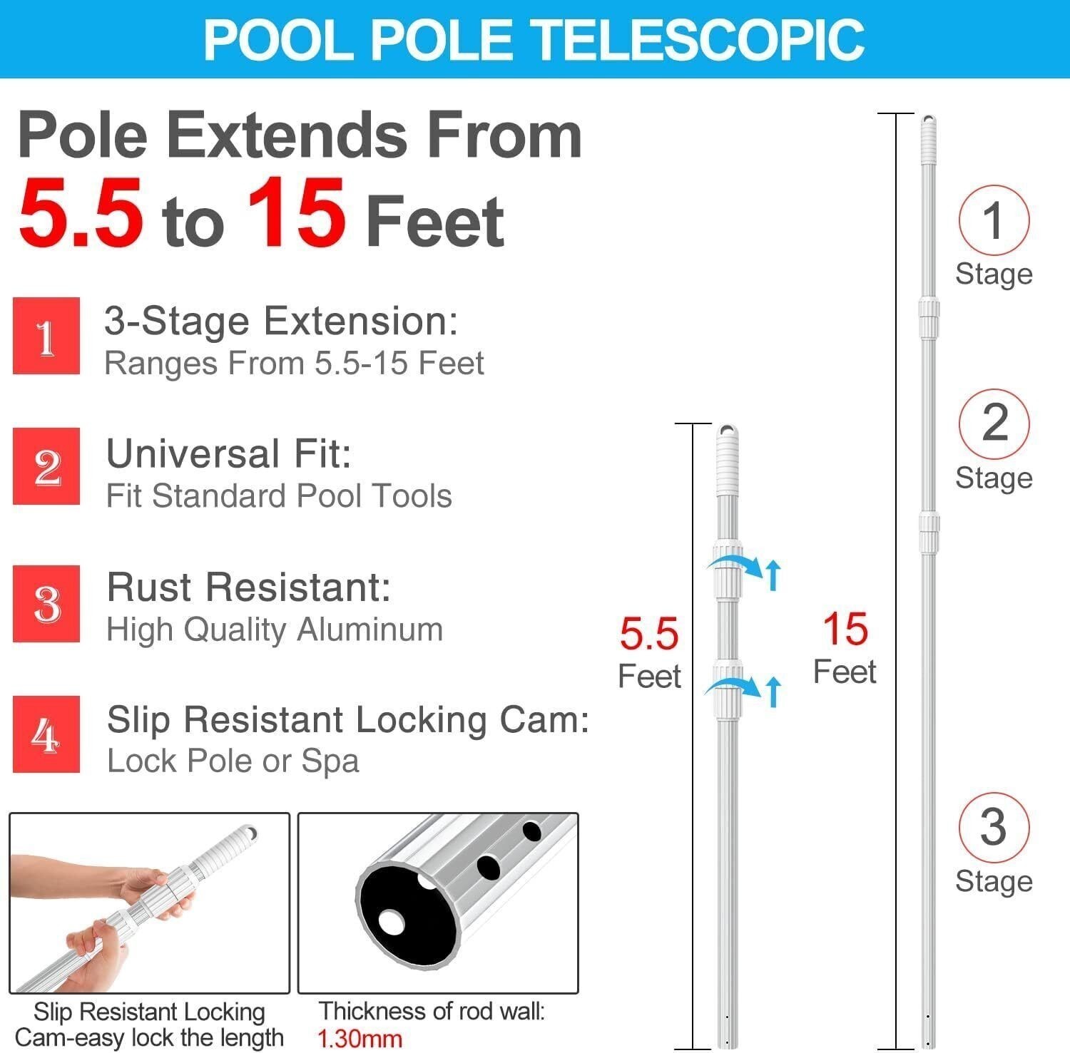 15 Foot Swimming Pool Pole Telescopic Fits Pool Net Skimmer Rake Vac Head Brush