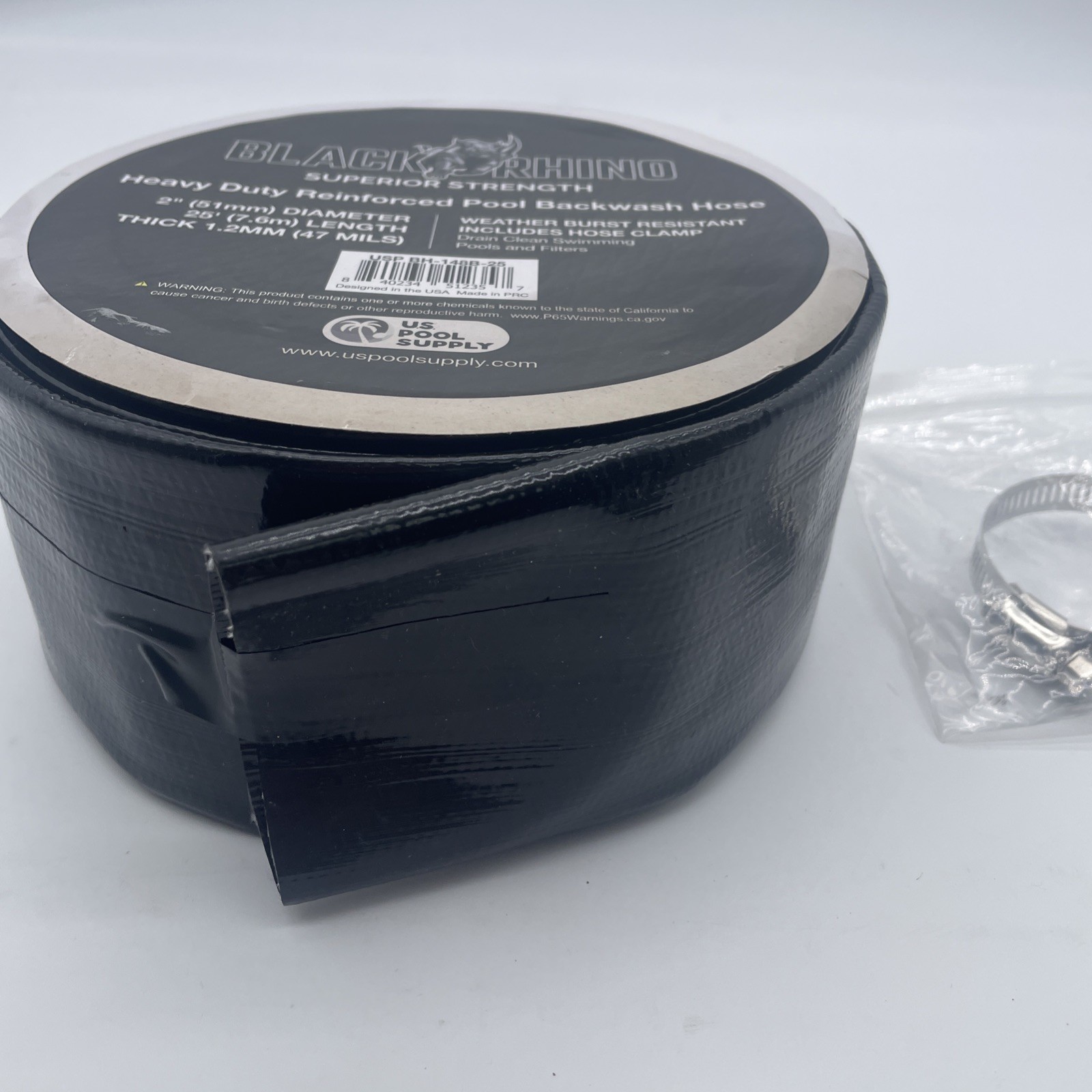 U.S. Pool Supply Black Rhino 2” x 25&prime; Pool Backwash Hose with Hose Clamp