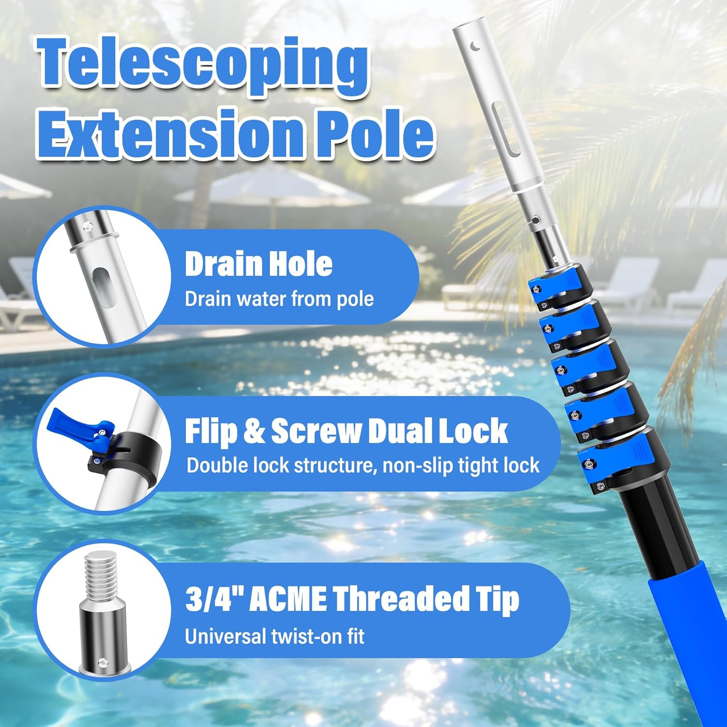 Pool Pole, 3-12FT Telescoping Swimming Pool Cleaning Pole, Upgraded Aluminum Ext