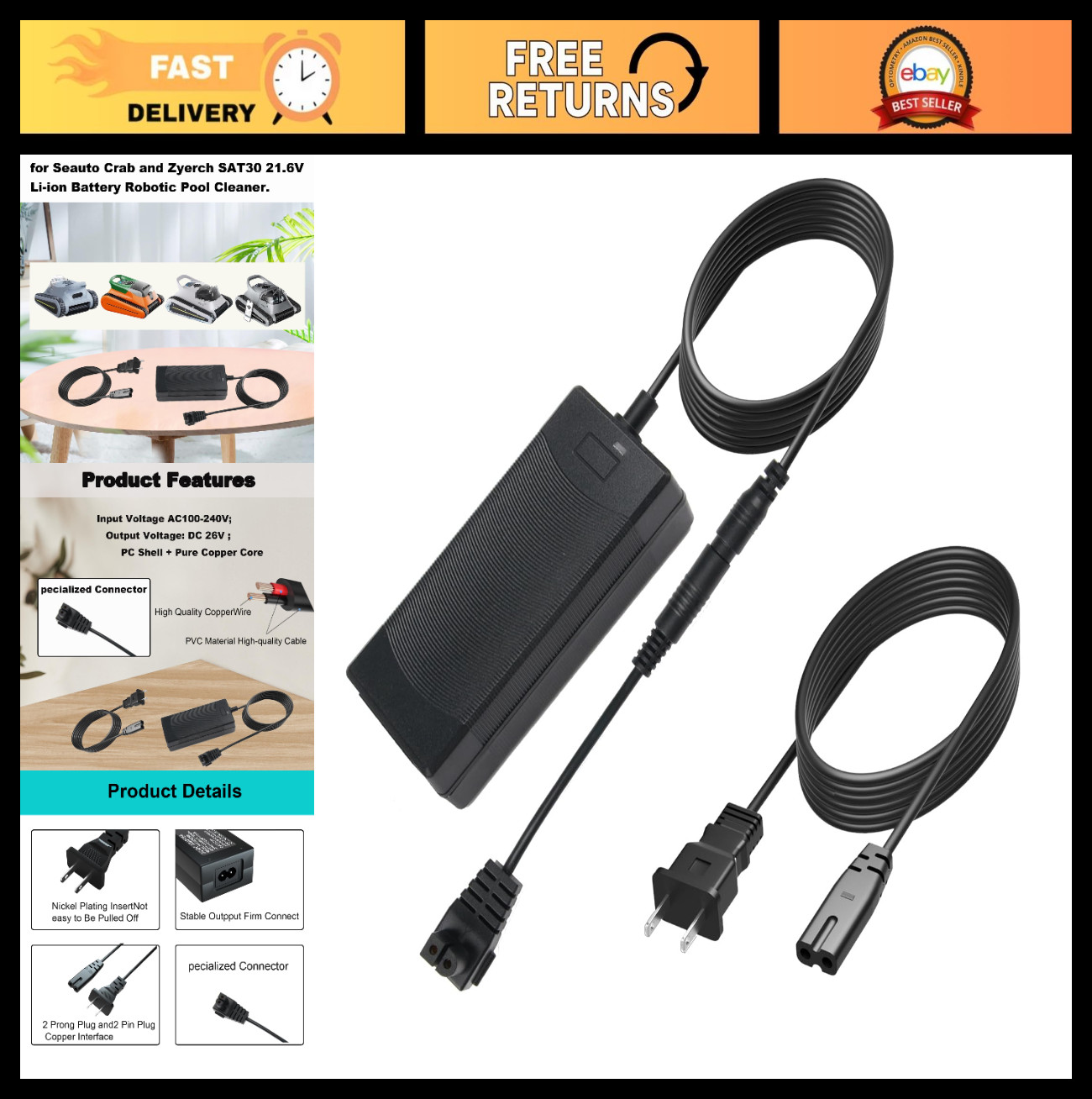 26V Adapter Charger for 21.6V Robotic Pool Cleaner – Compatible with Seauto Crab