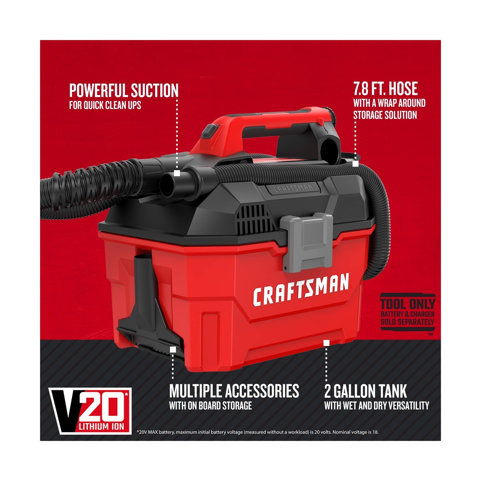 CRAFTSMAN V20 Cordless Vacuum Cleaner, Shop Vac Wet/Dry, 2 Gallon, 7ft Hose, …