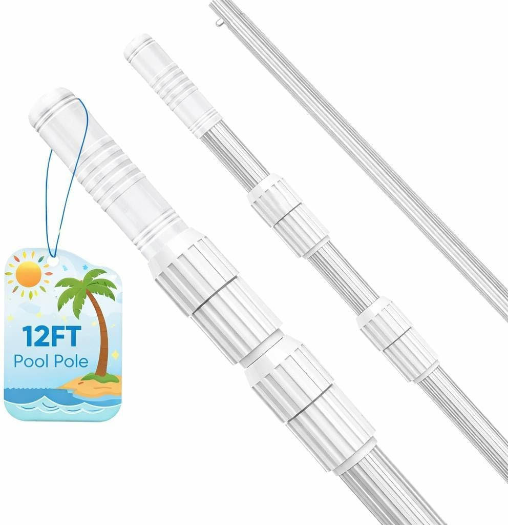 12FT Telescopic Pool Pole, Pool Skimmer Pole Heavy Duty, Adjustable 3 Piece Expa