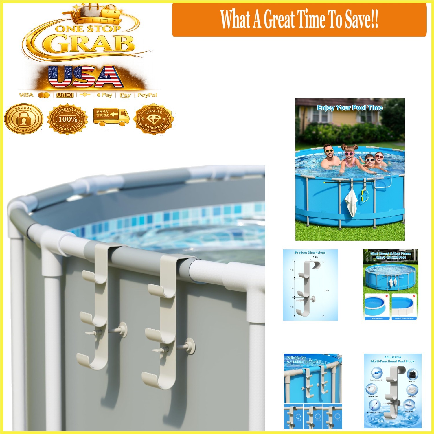 Adjustable Pool Hook for Poles – 3-Hook Pool Accessories Organizer