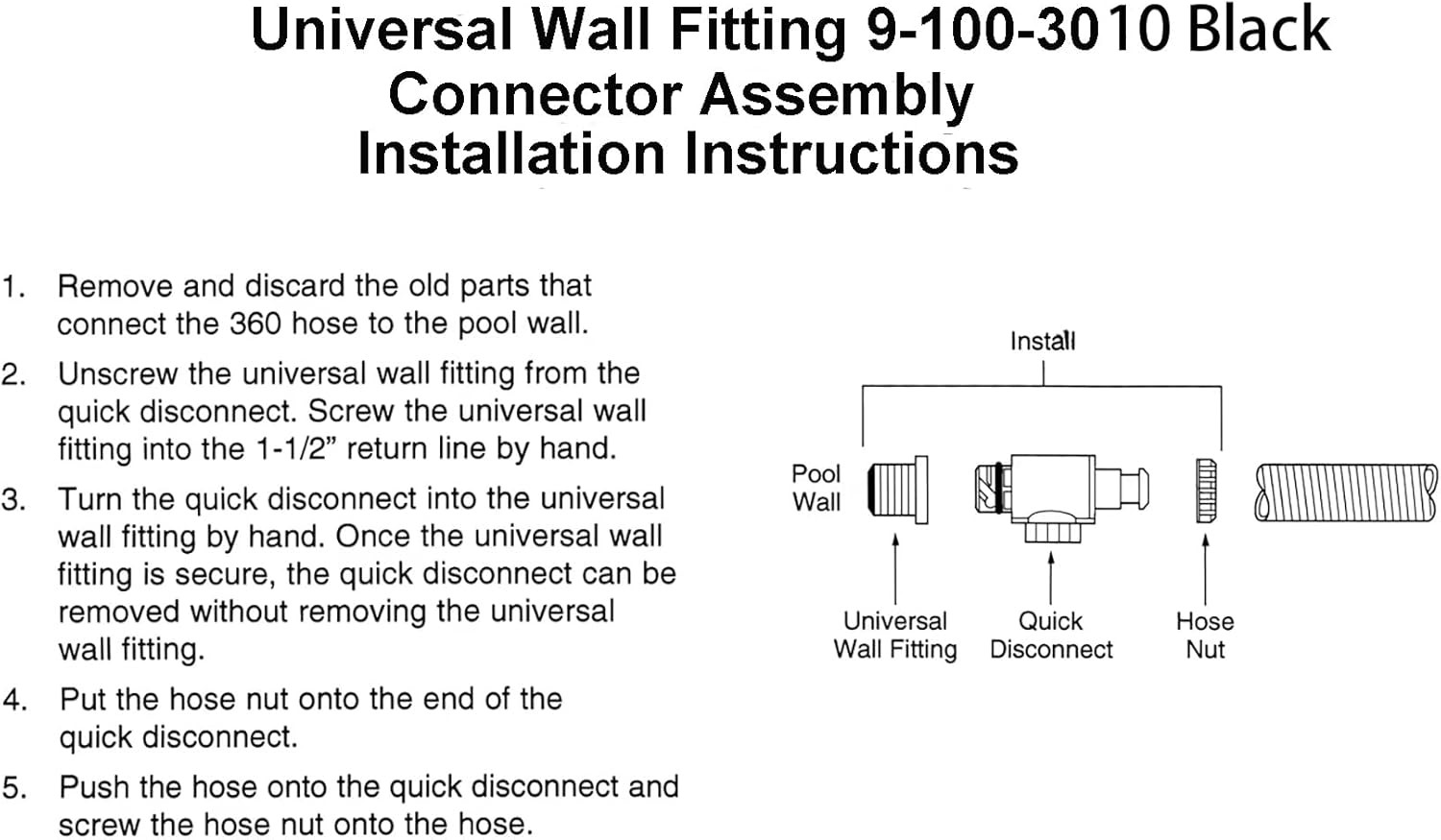 Black UWF Connector Assembly 9-100-3010 For Polaris 360 Cleaners F1, F1B, TR36P