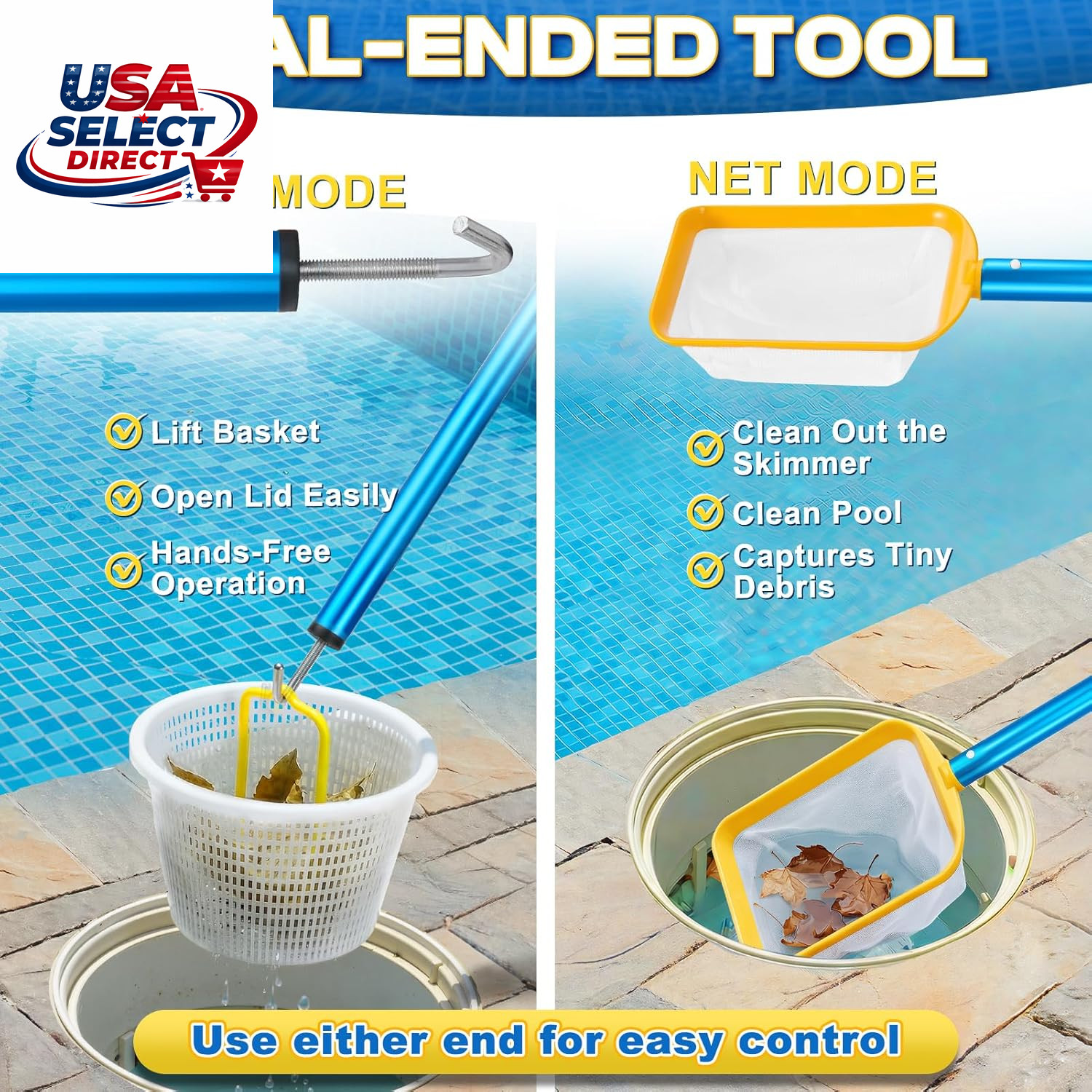 50In 2-In-1 Pool Skimmer Tool with Stainless Steel Hook & Fine Mesh Net