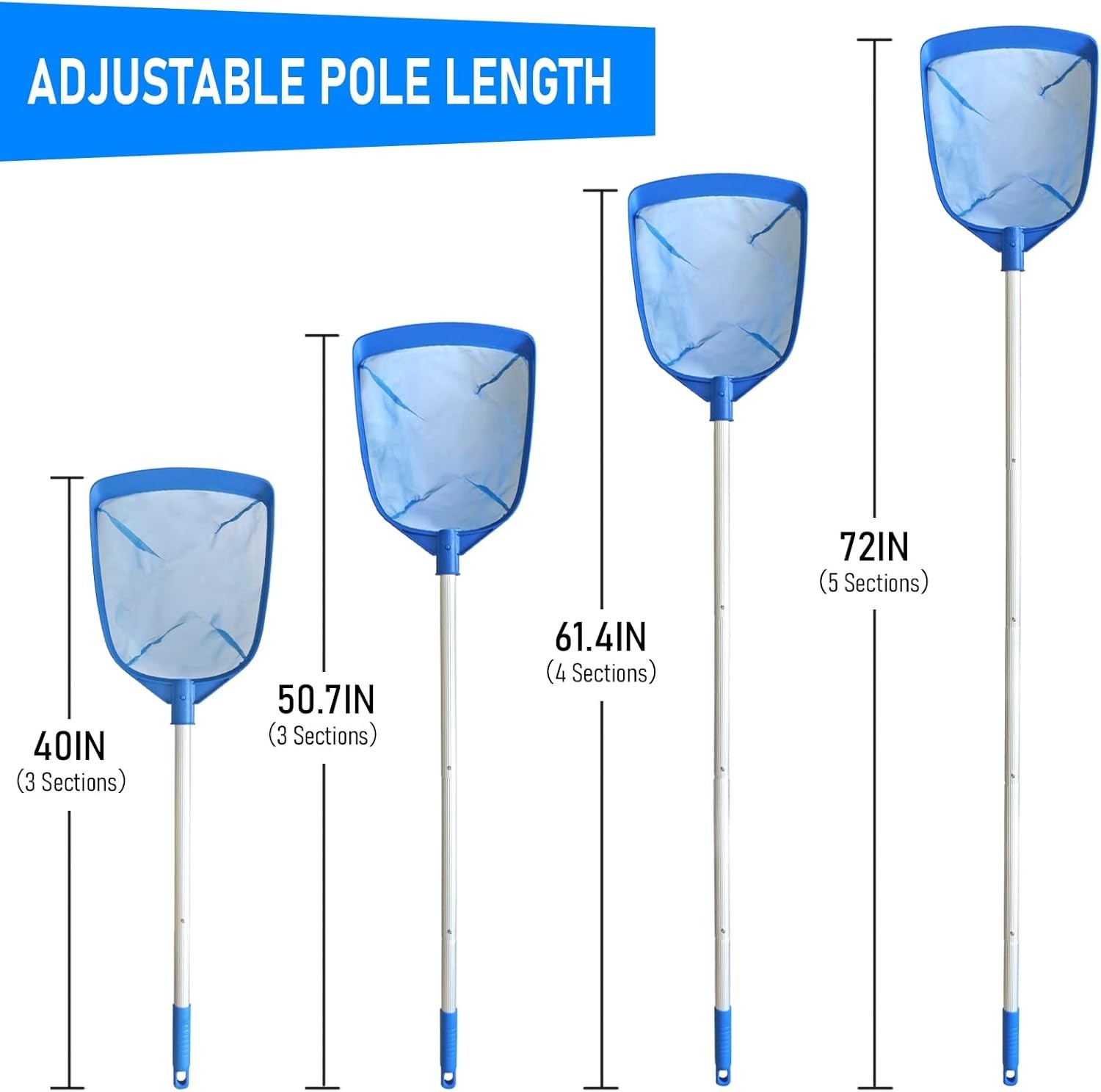 Fine Mesh Pool Leaf Skimmer with 5-Section Aluminum Pole for Effortless Cleaning