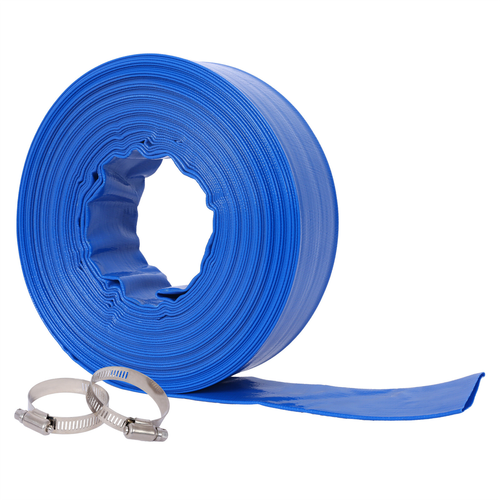 Discharge Hose 1-1/2&Prime;x 100FT PVC Lay Flat Hose Backwash Drain Hose w/ 2 Clamps