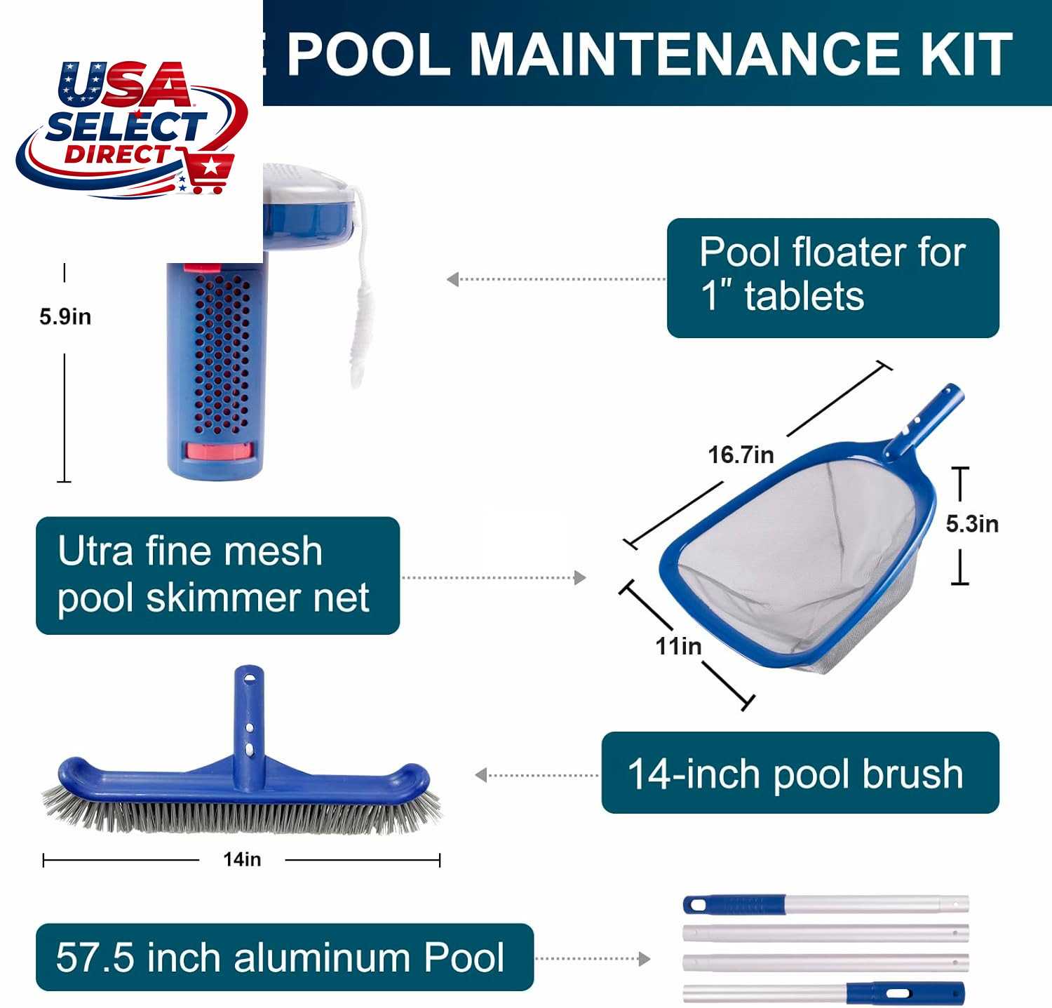 Pool Cleaning Kit with Brush, Skimmer Net, Pole, Floater & Test Strips