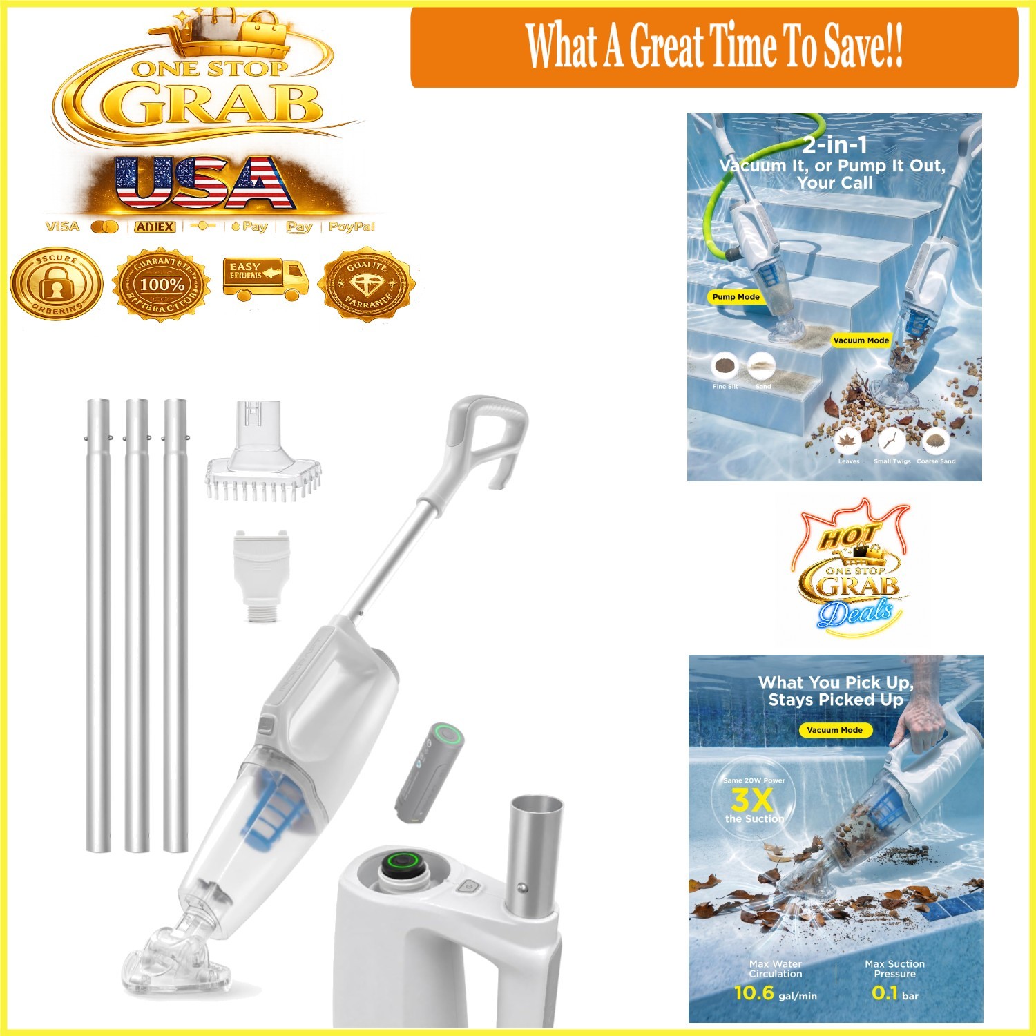 2-in-1 Cordless Pool Vacuum Hot Tub Cleaner Battery Powered 27&Prime;