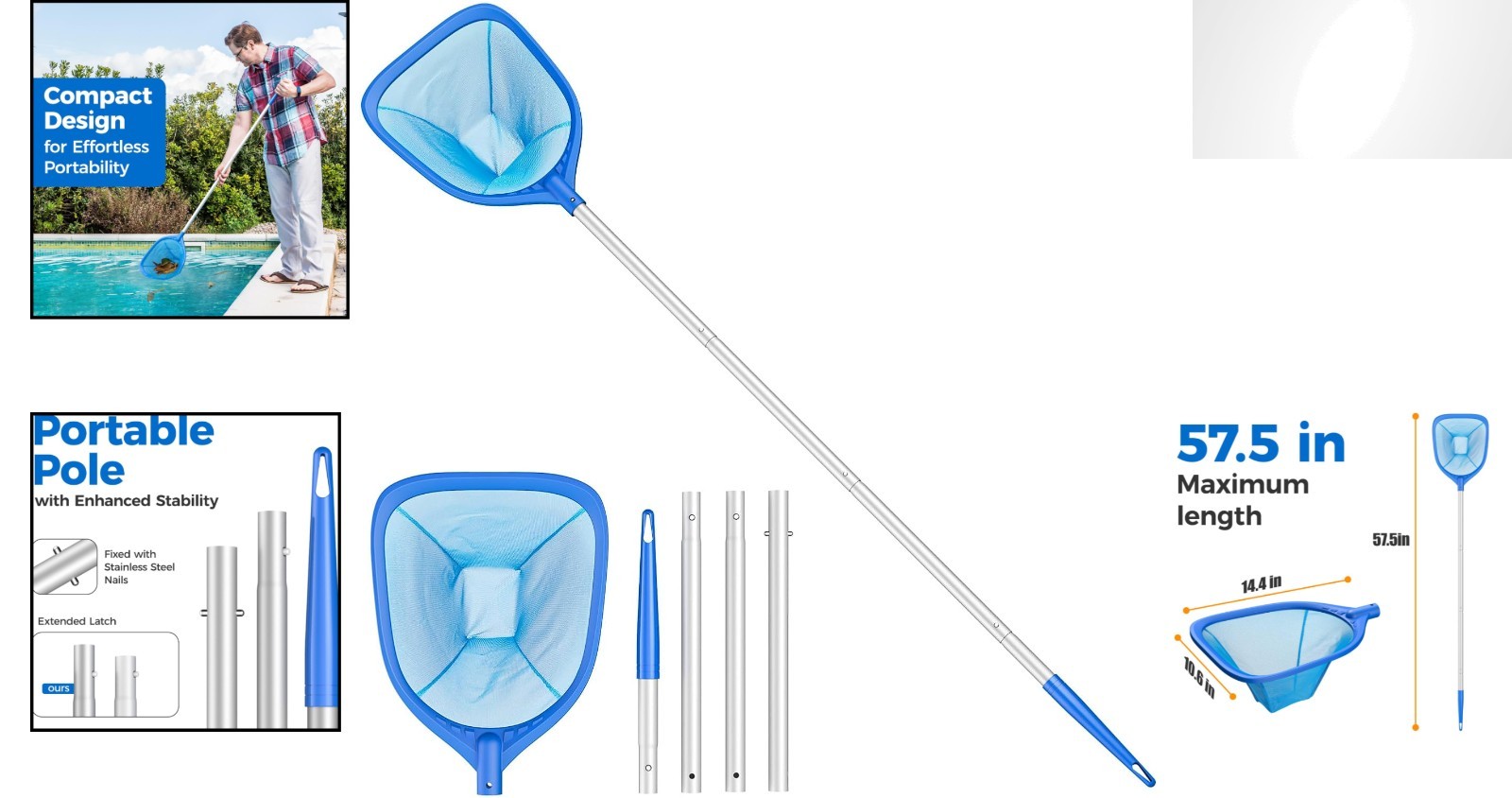 Lightweight Pool Skimmer Net with 4-Section Pole | Perfect for Hot Tubs & Spas