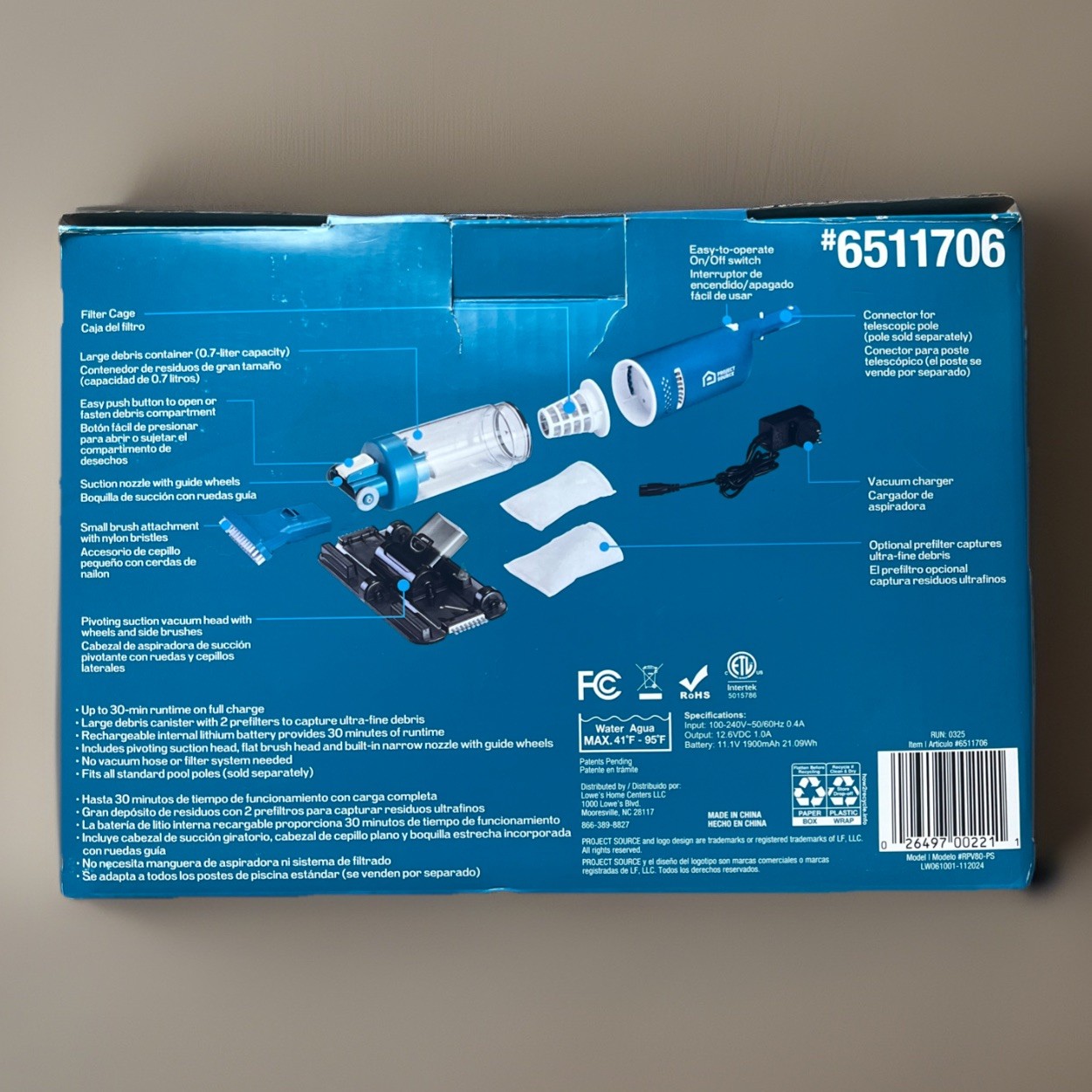 Project Source Handheld Large Pool &Spa Rechargeable Underwater Vacuum