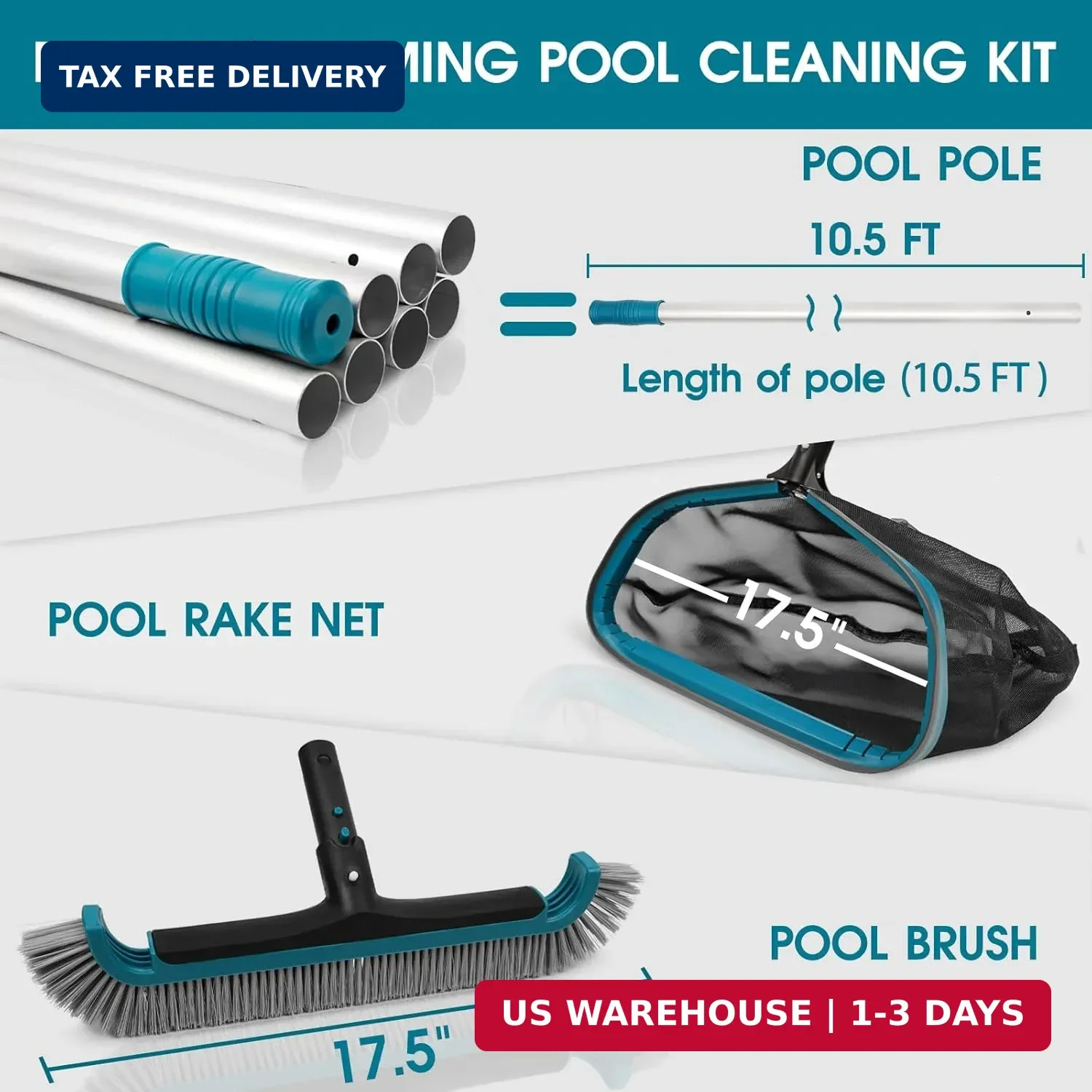 Swimming Pool Cleaning Kit – Aluminum Frame Skimmer Net with 10Ft Adjustable Pol