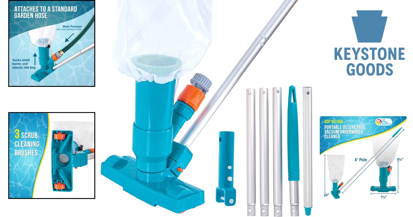 Portable Above Ground Pool & Spa Vacuum – Telescopic Hose Attach, 3 Brushes, …