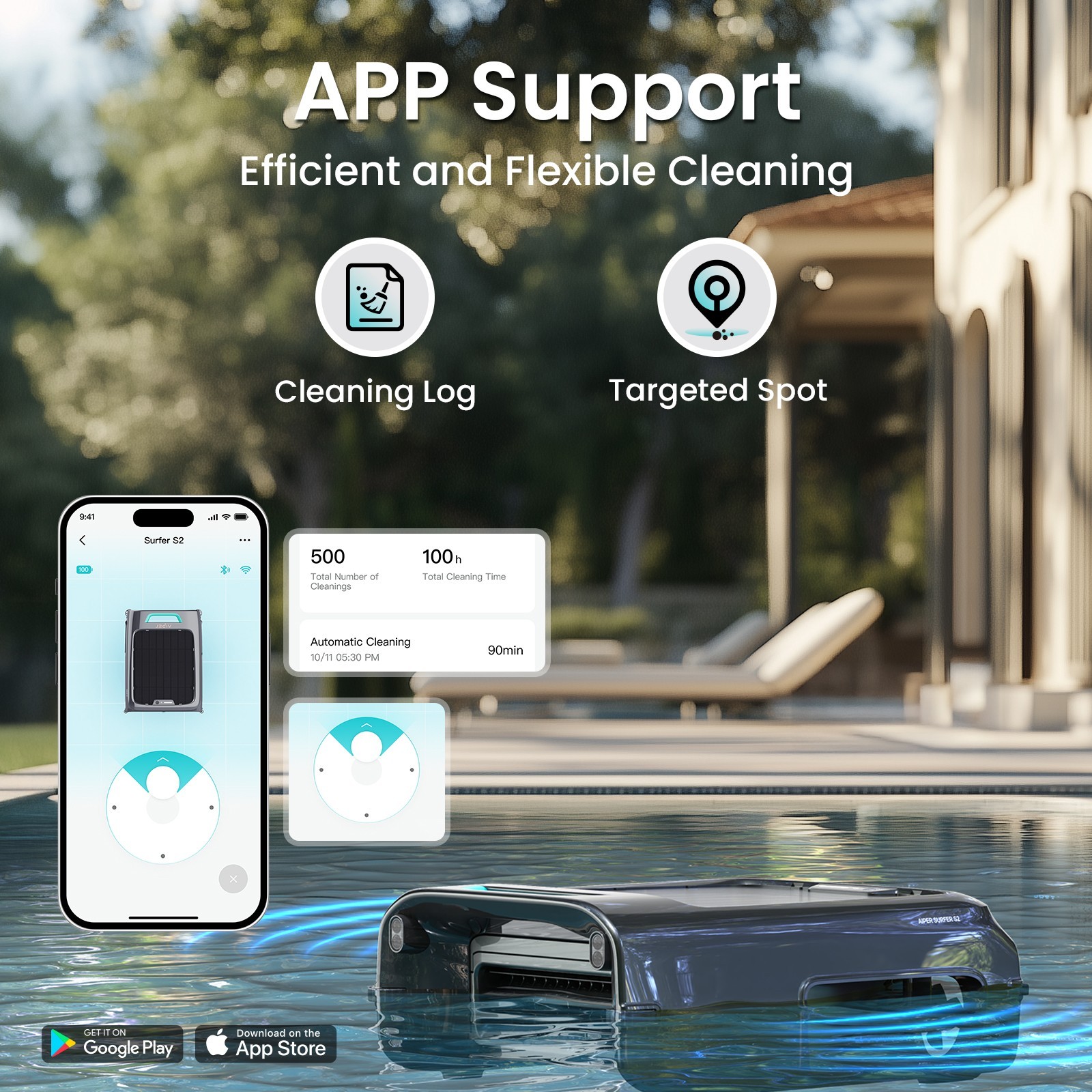 AIPER EcoSurfer S2 Robotic Pool Skimmer Automatic Surface Cleaner Solar Power
