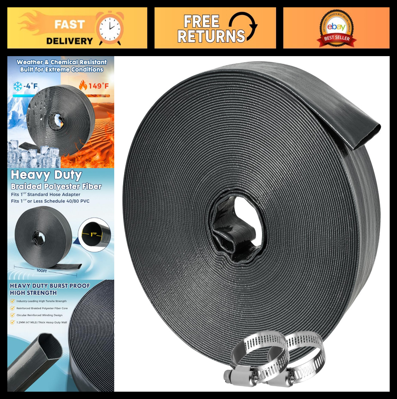 Heavy Duty 1.5&Prime; x 100&prime; Backwash Hose | Burst Resistant Lay Flat Discharge for Po