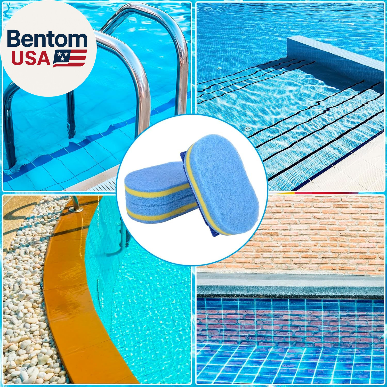 4Pcs Handled Pool Scrubber Brush – Pool Scrub Brush Set with 3 Thicker Replaceab