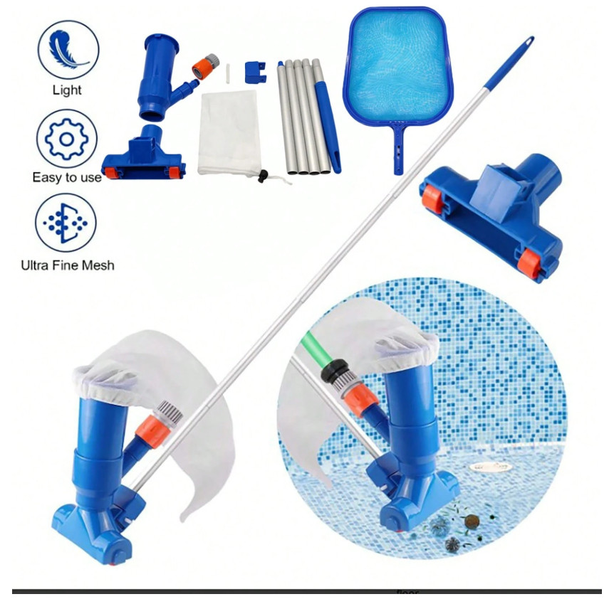Portable Pool Vacuum Cleaner Jet Cleaning Kit Leaf Skimmer w 5 Poles
