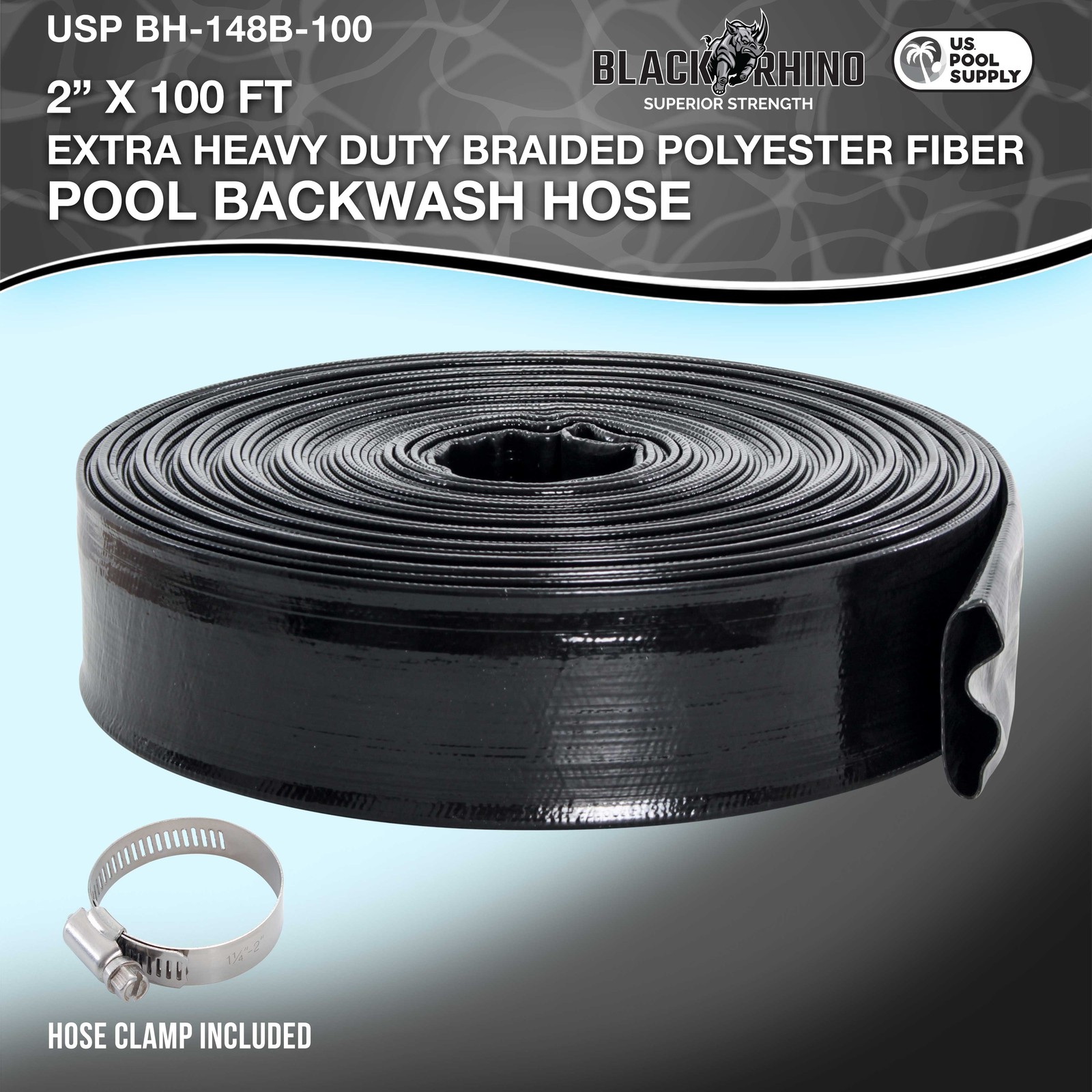 U.S. Pool Supply Black Rhino 2&Prime; x 100&prime; Pool Backwash Hose with Hose Clamp