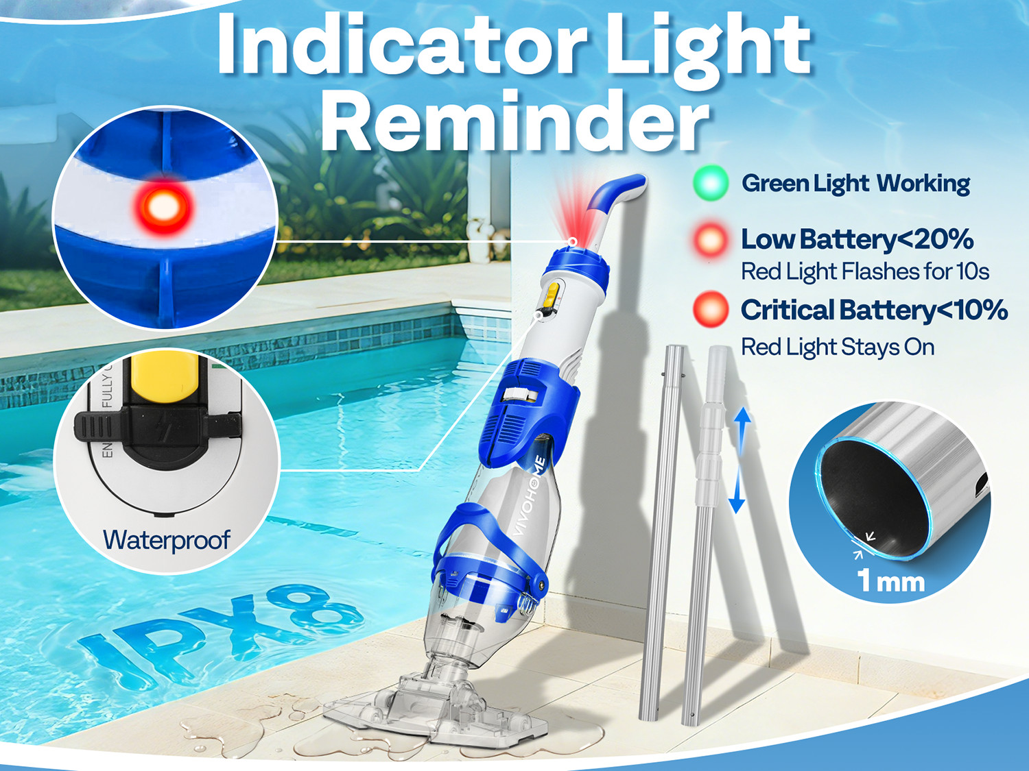 Cordless Pool Vacuum Cleaner 40W Quiet 19GPM 75min Battery 8.2FT Pole 2.6LFilter