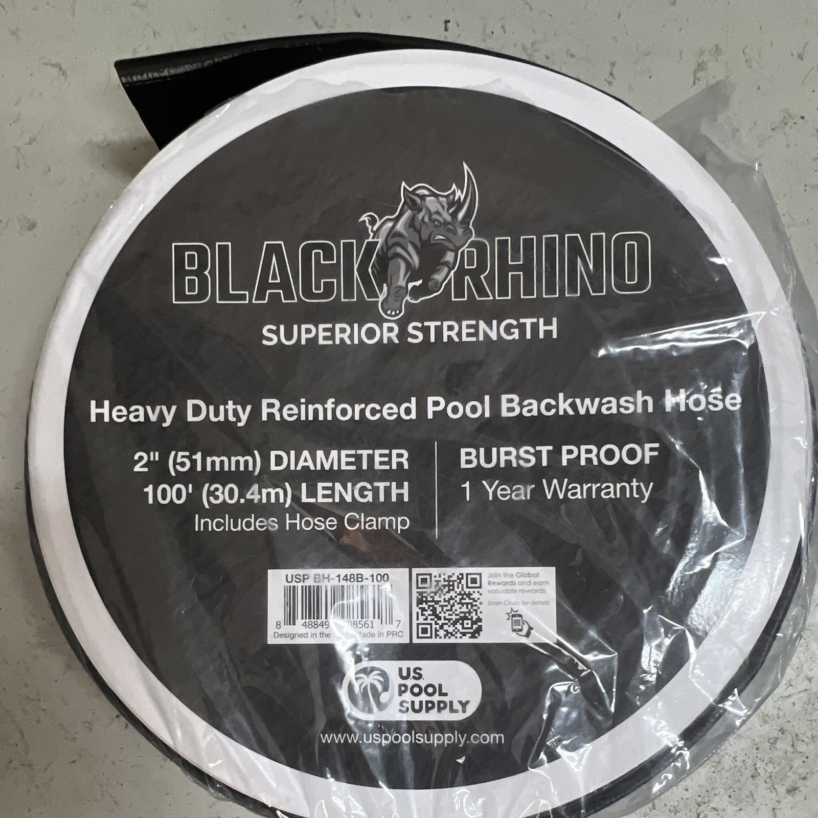 Black Rhino Heavy Duty Reinforced Pool Backwash Hose 2in x 100ft Clamp