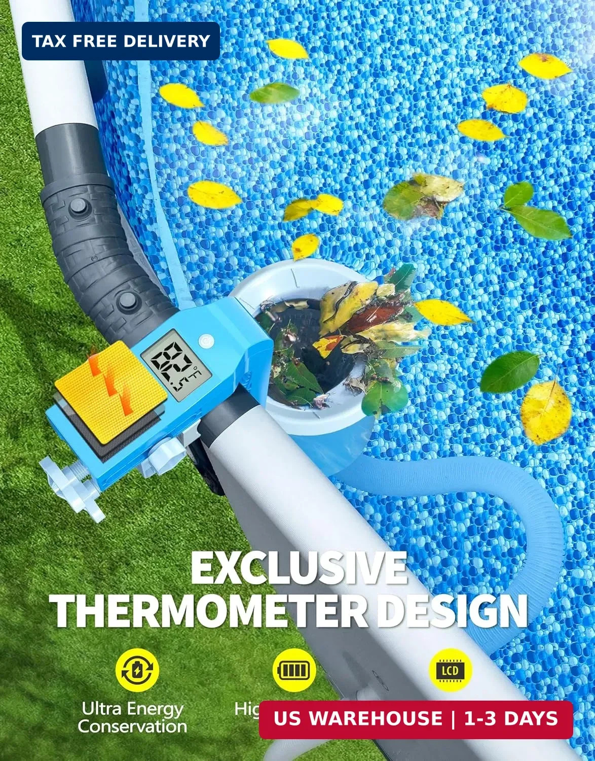 BluSwim Above Ground Pool Skimmer with Solar Digital Thermometer | Wall Mount Su