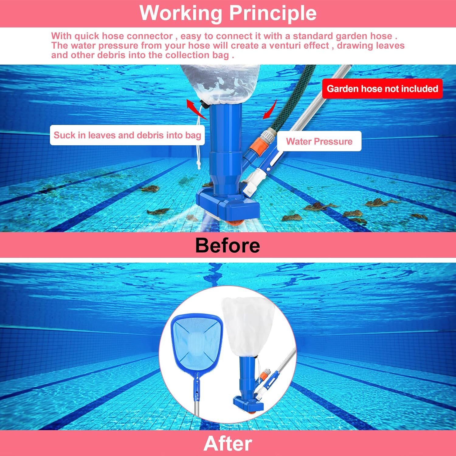 Handheld Above and In-Ground Pool Vacuum Jet Cleaner Spa Pond Fountain with Pole