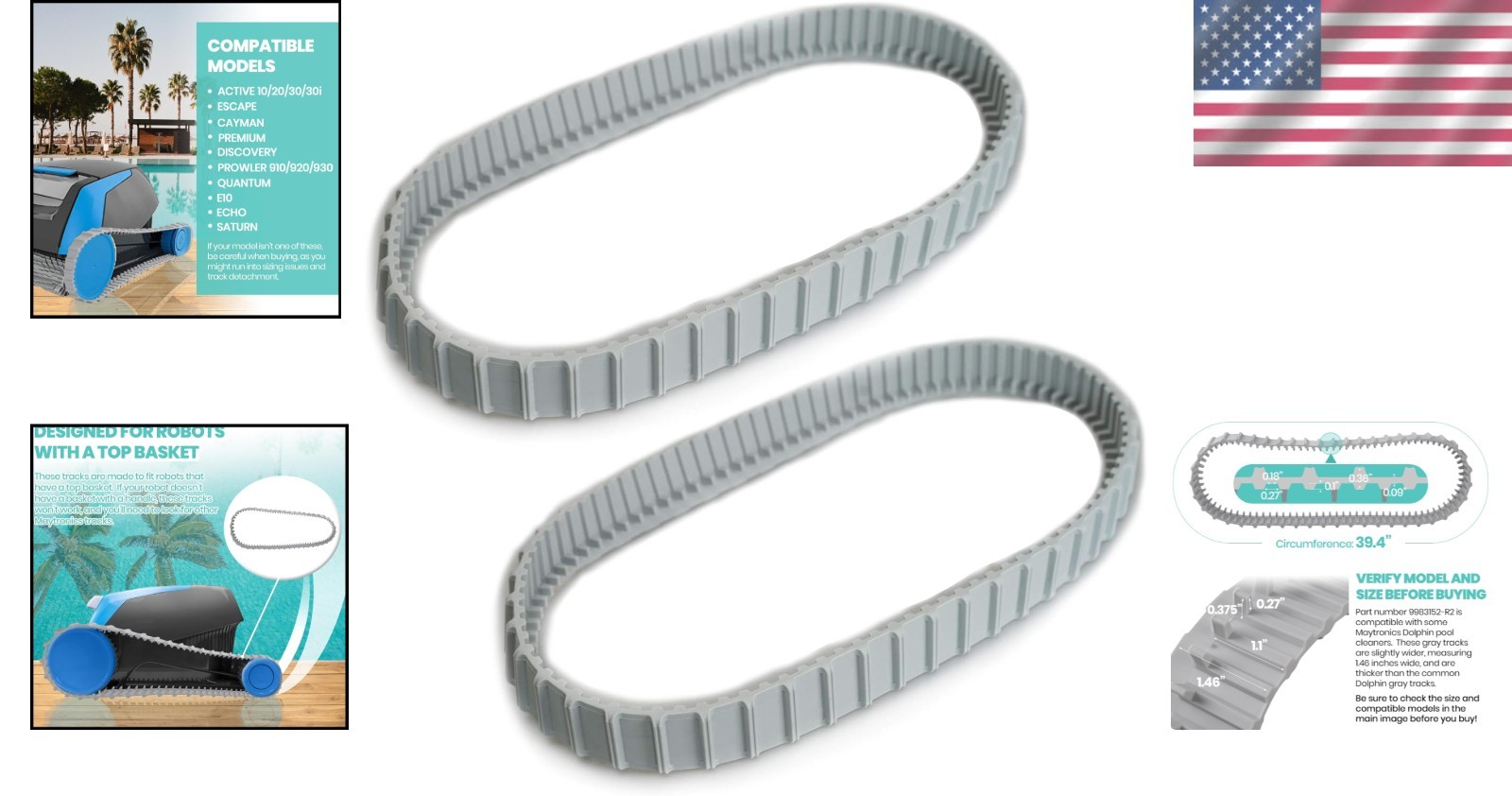 2 Pack Replacement Gray Rubber Tracks for Dolphin Robotic Cleaners 9983152-R2