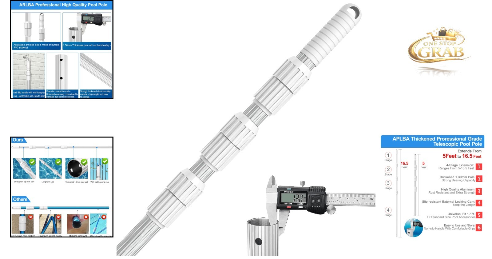 Heavy Duty Aluminum Telescopic Pool Pole 16.5 Feet Universal Fit
