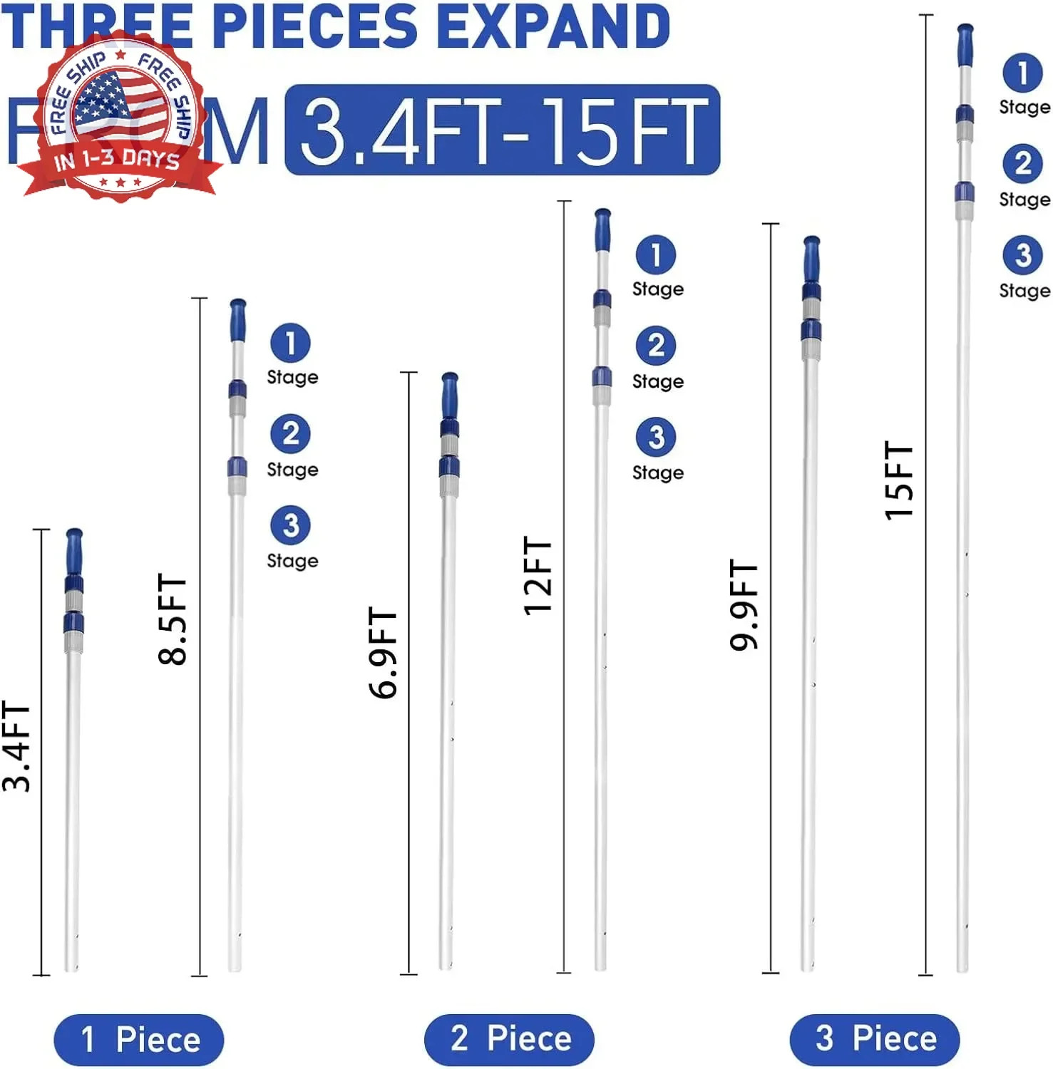 Poolvio 15 FT Telescopic Pool Pole – Adjustable 3 Piece Aluminum Pool Skimmer Po