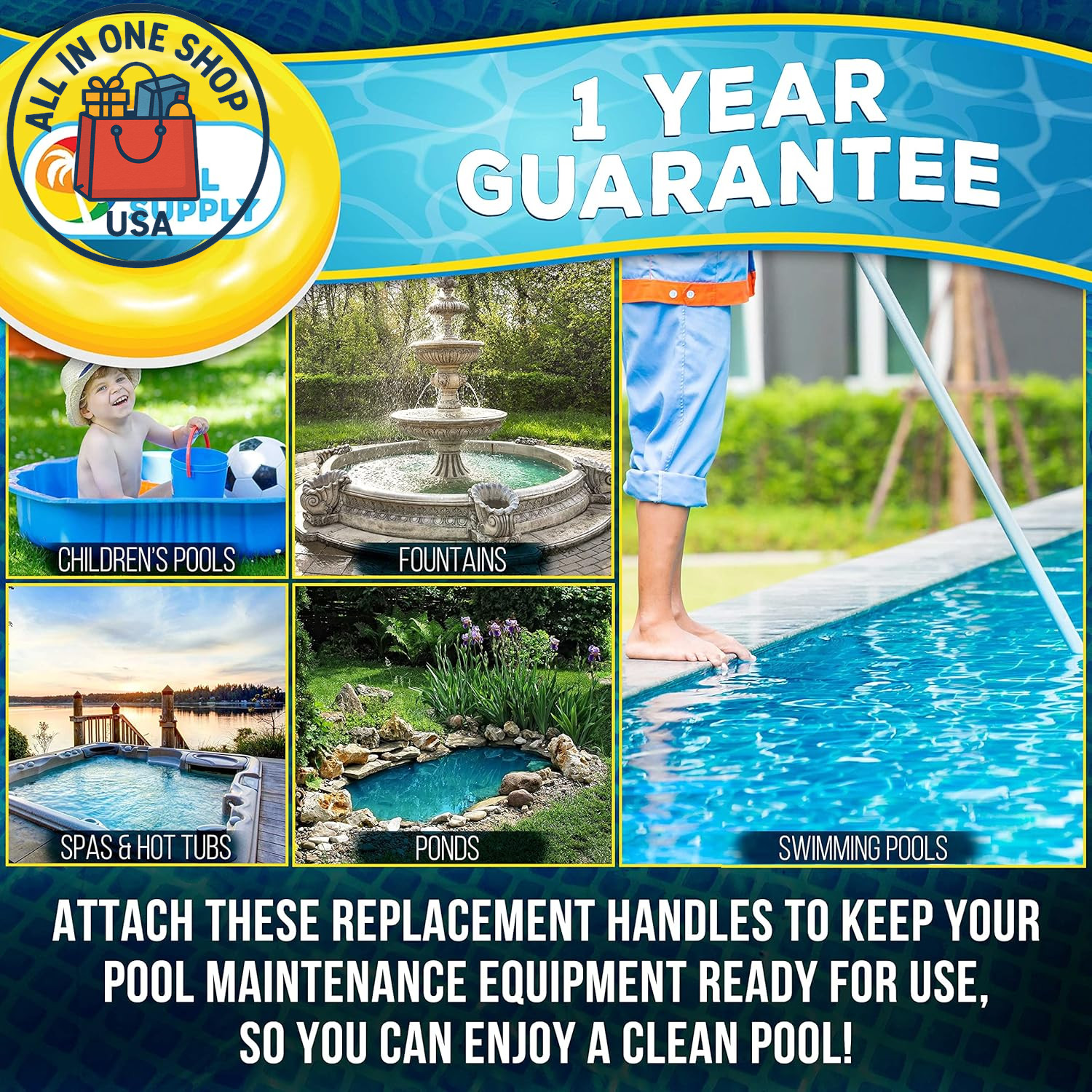 Premium Pool Vacuum Head Replacement Handles with Clips and Locking Pins
