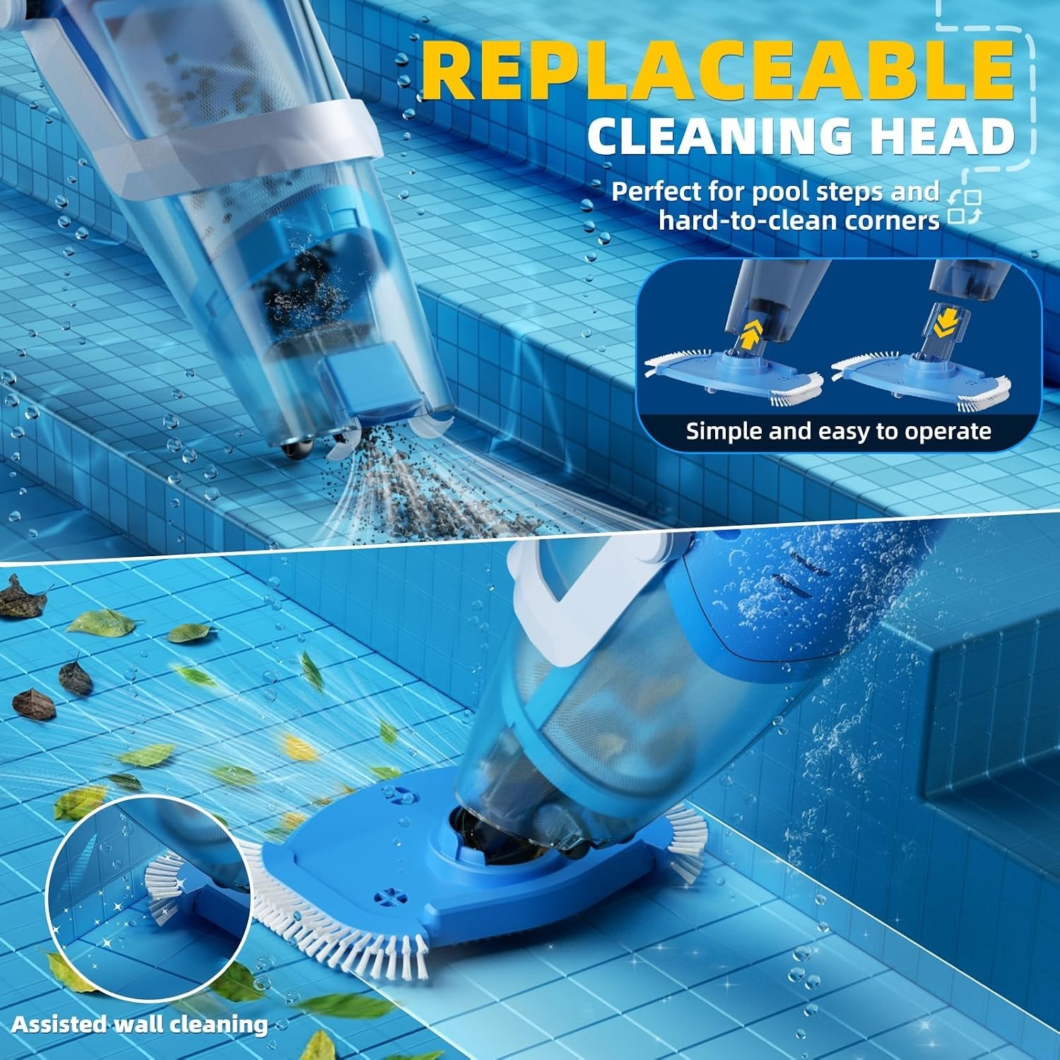 Cordless Pool Vacuum, 1950 GPH Powerful Suction, Handheld Pool Cleaner with Tele
