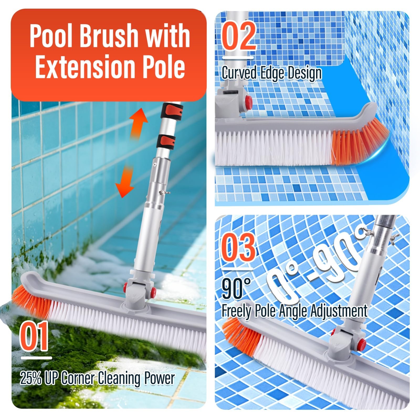 16FT Telescoping Pool Cleaning Pole with 19&Prime; Brush Head – Heavy Duty Adjustable