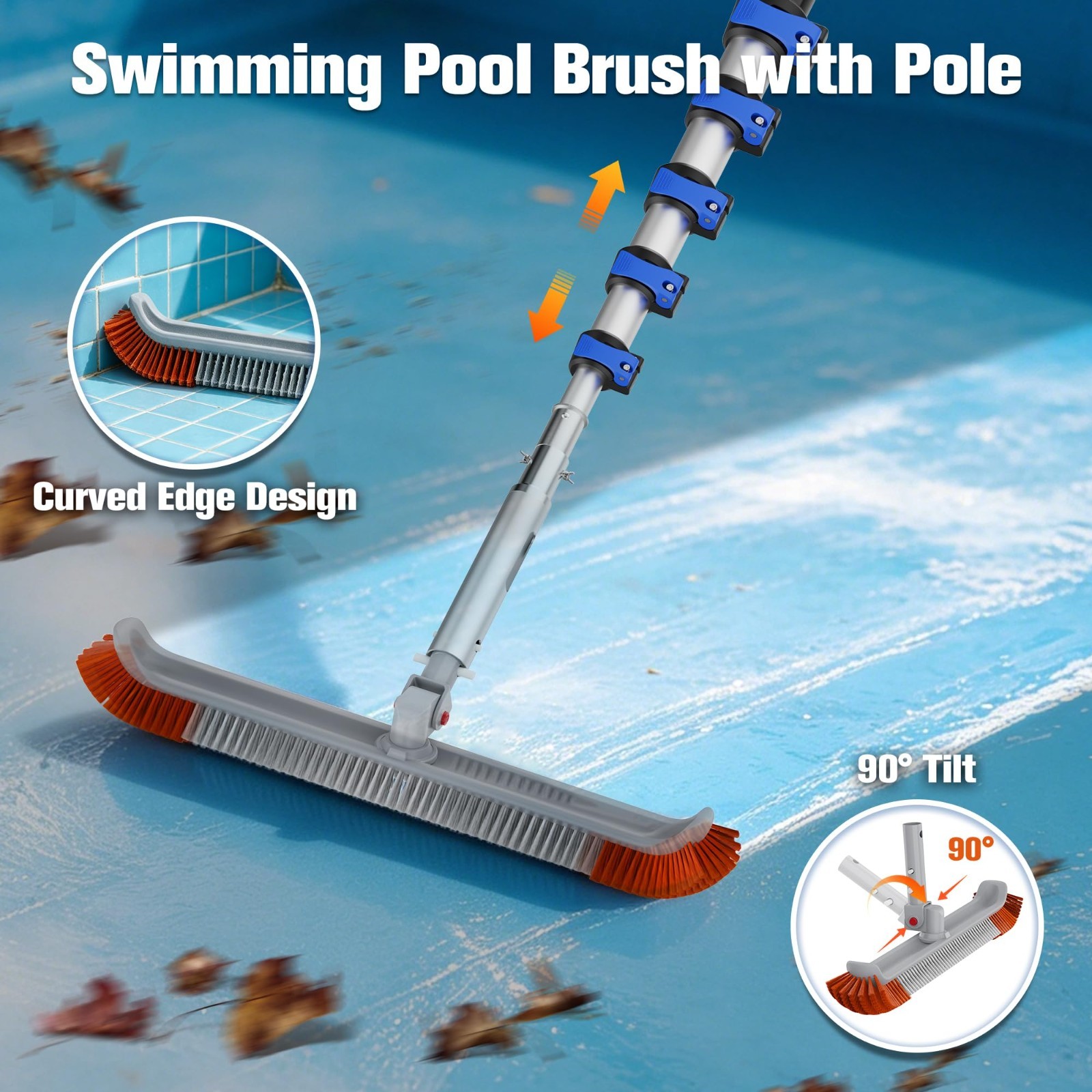 Telescopic Pool Brush 3-12FT, 18&Prime; Cleaning Tool for Walls & Floors, Dual Lock