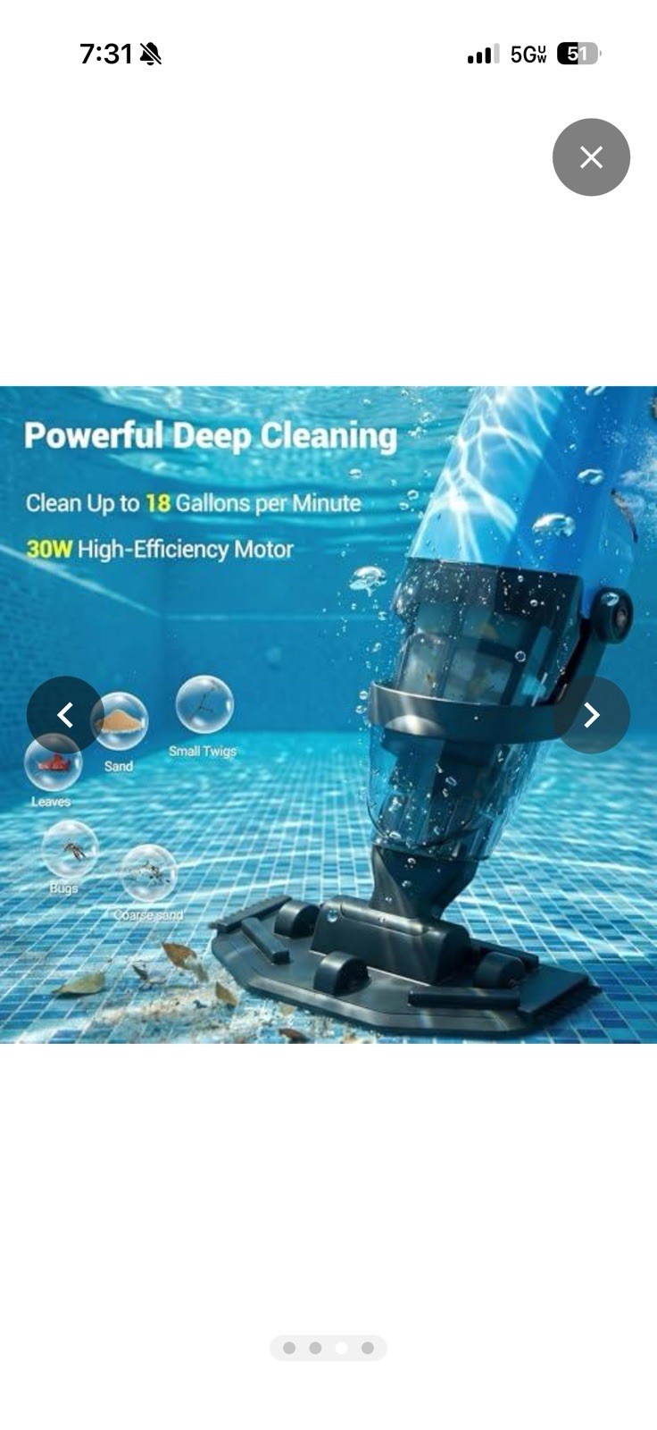 Hushlight Handheld Pool Vacuum For Above Ground Pool 4-Section Detachable Pole