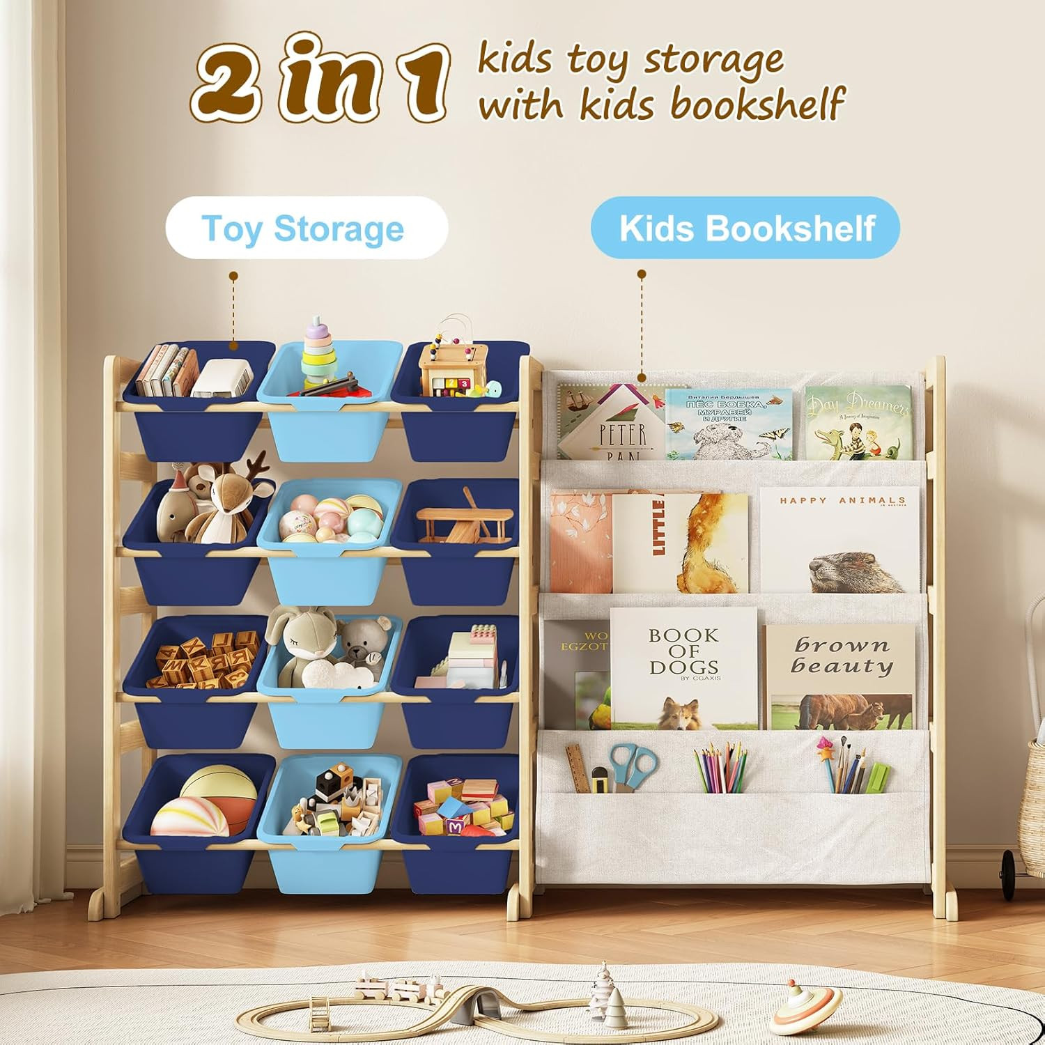 Toy Storage Organizer with Bookshelf – 12 Storage Bins 4-Tier Multipurpose Shelf