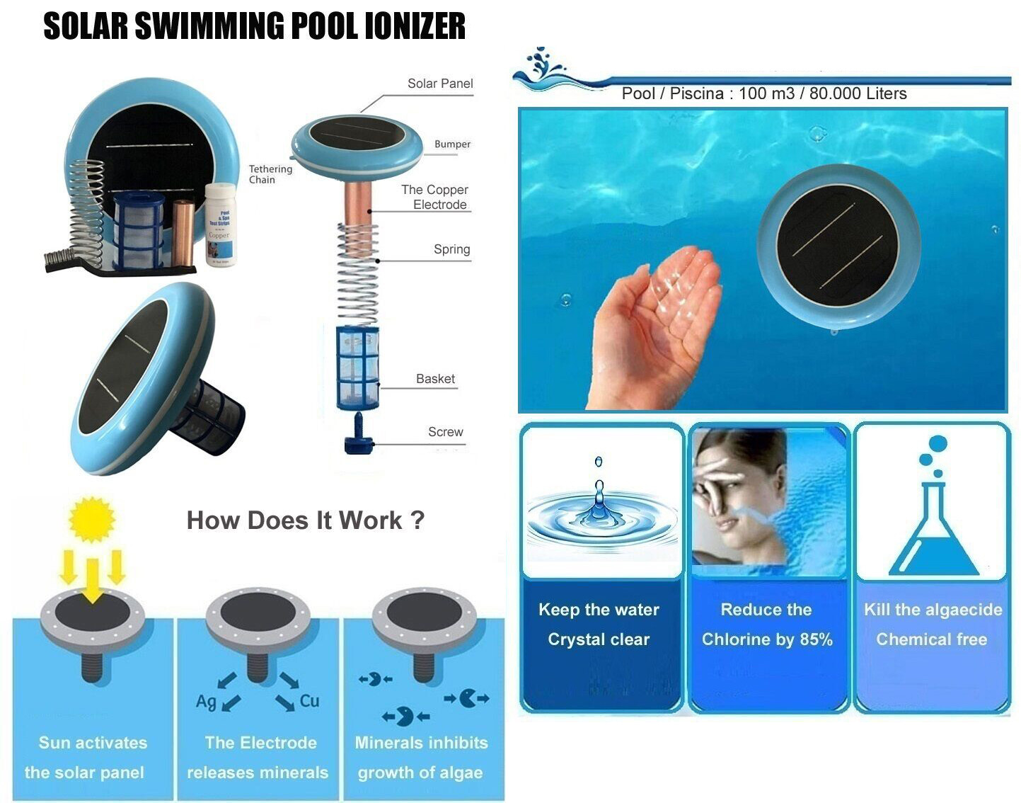 Solar Pool Ionizer,Cleaner,Purifier, Chlorine-Free Water,Covers up to 35,000 gal