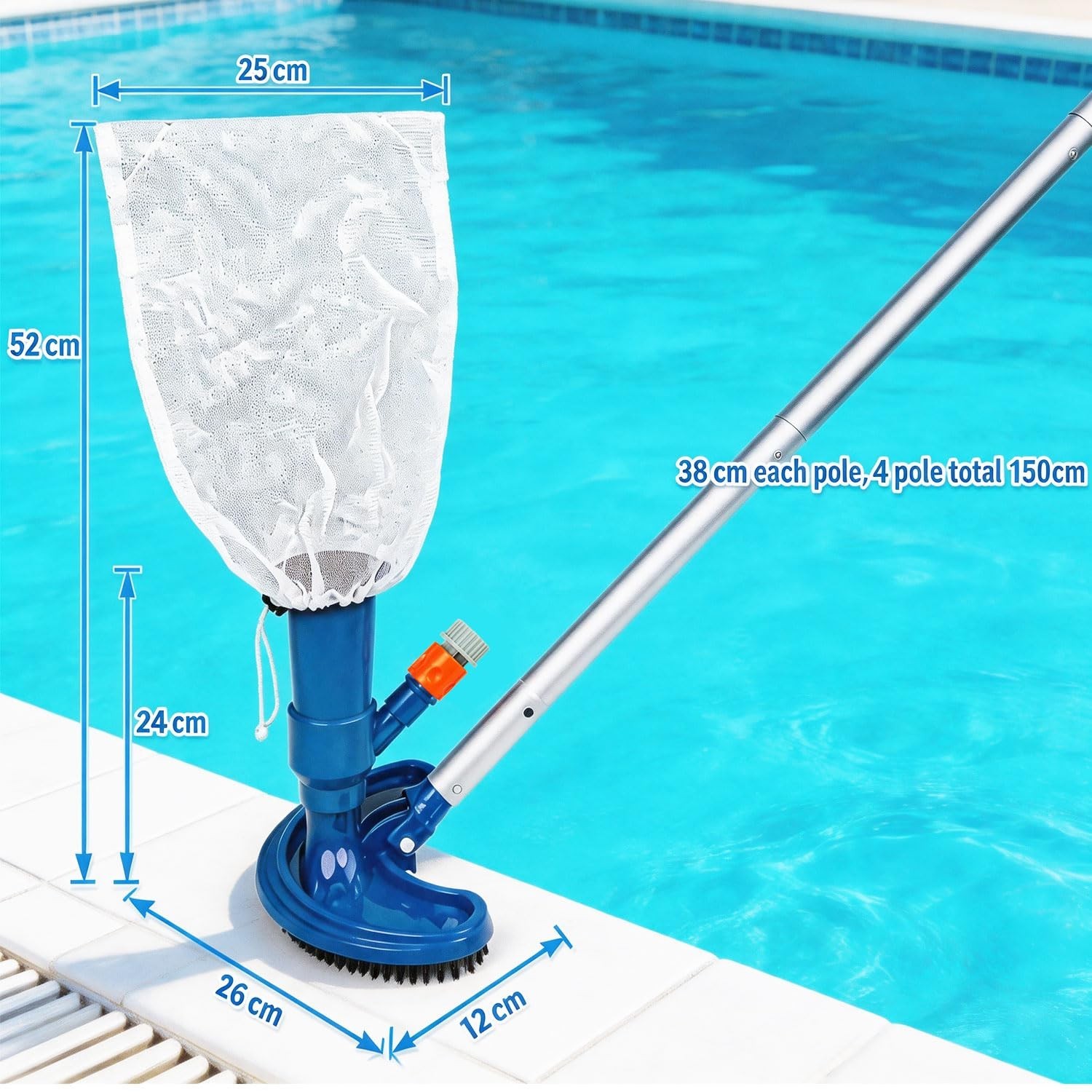 Handheld Pool Vacuum with 59&Prime; Pole – Garden Hose Powered, No Battery Needed, Und