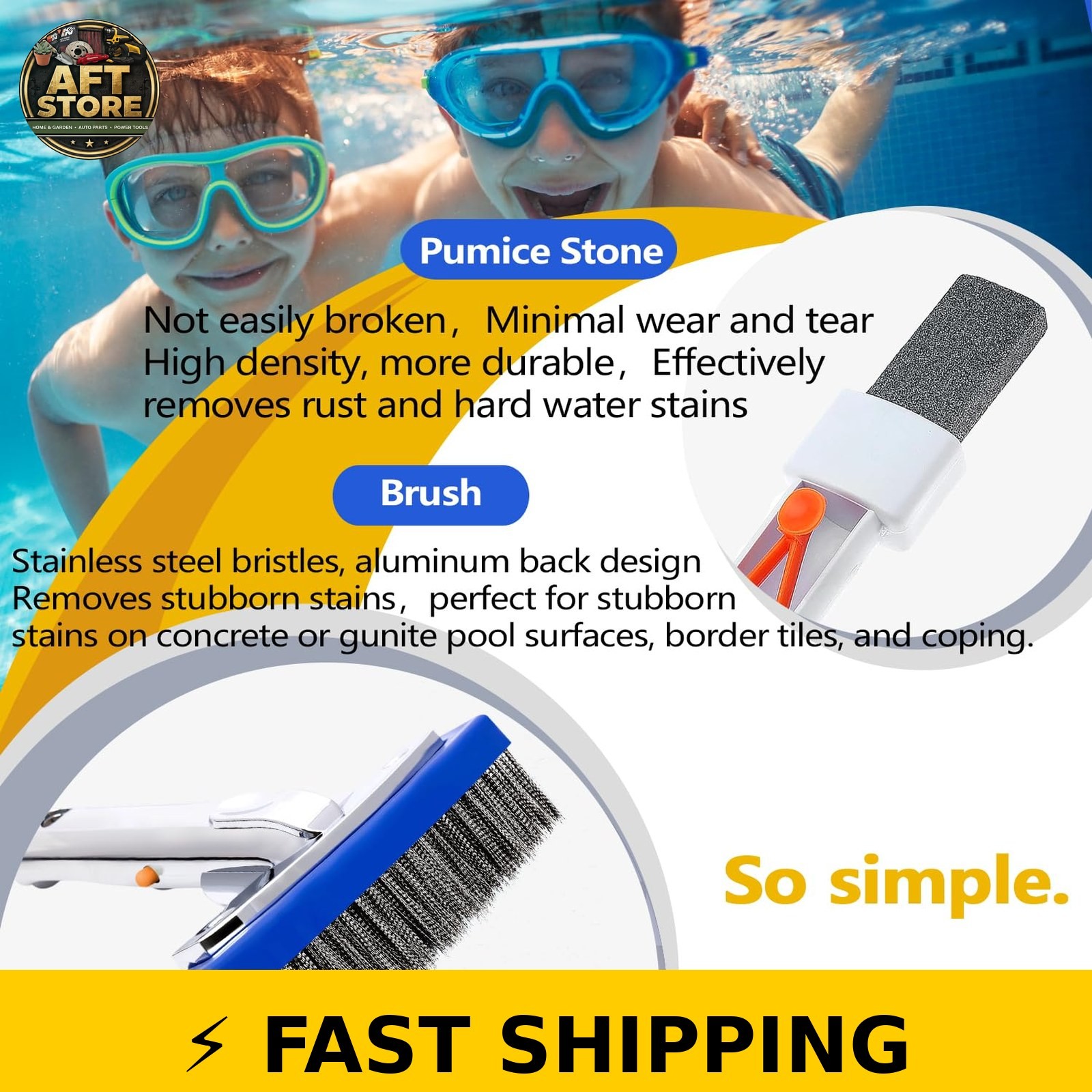 NEOHATION Pool Pumice Stone & 5&Prime; Stainless Steel Brush Set
