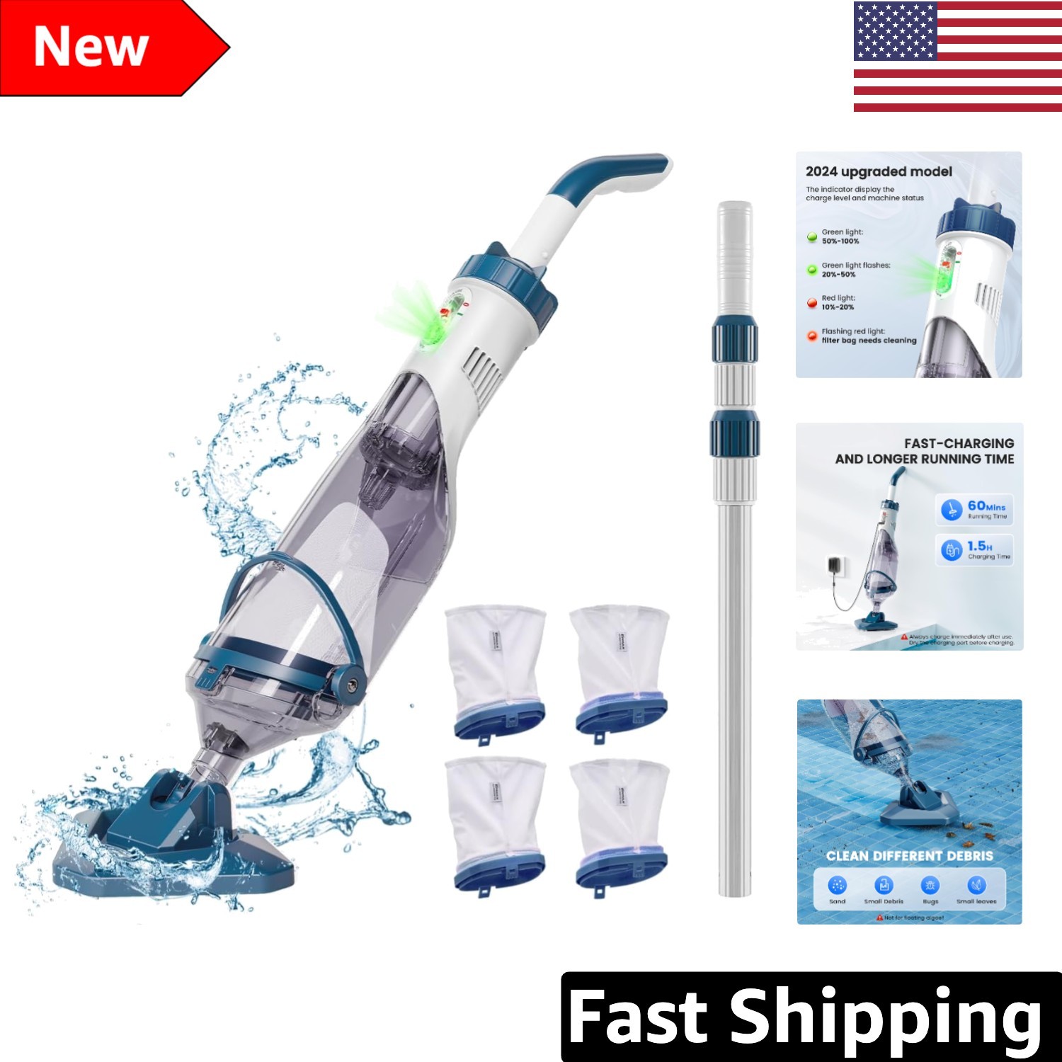 Handheld Cordless Pool Cleaner – 4 Reusable Bags + Fast Recharge, 60 Min Usage