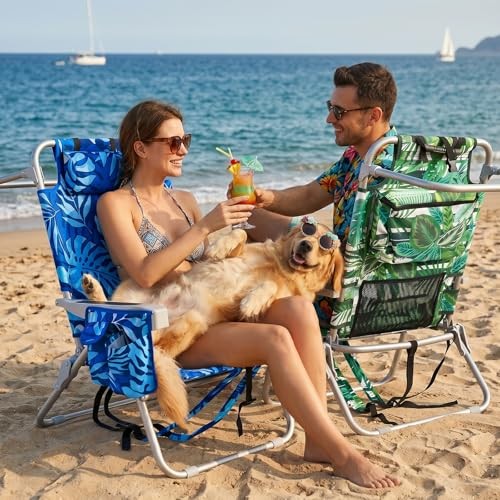 Palm Leaves Beach Chair Heavy Duty 330 lbs, 5-Position Lay Flat Folding