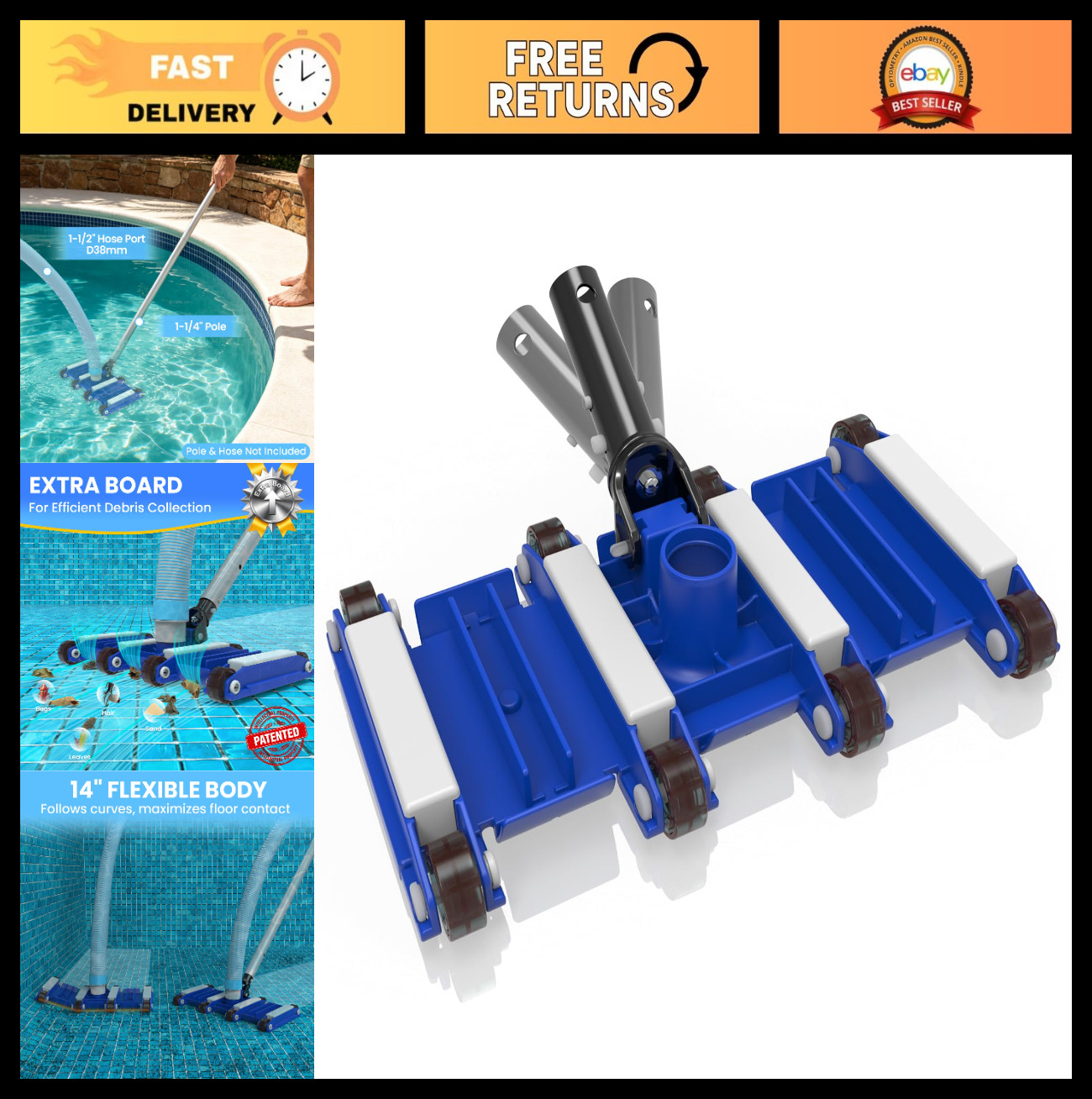 14&Prime; Weighted Pool Vacuum Head with Wheels, Manual Cleaner, Bottom Brushes & Swiv